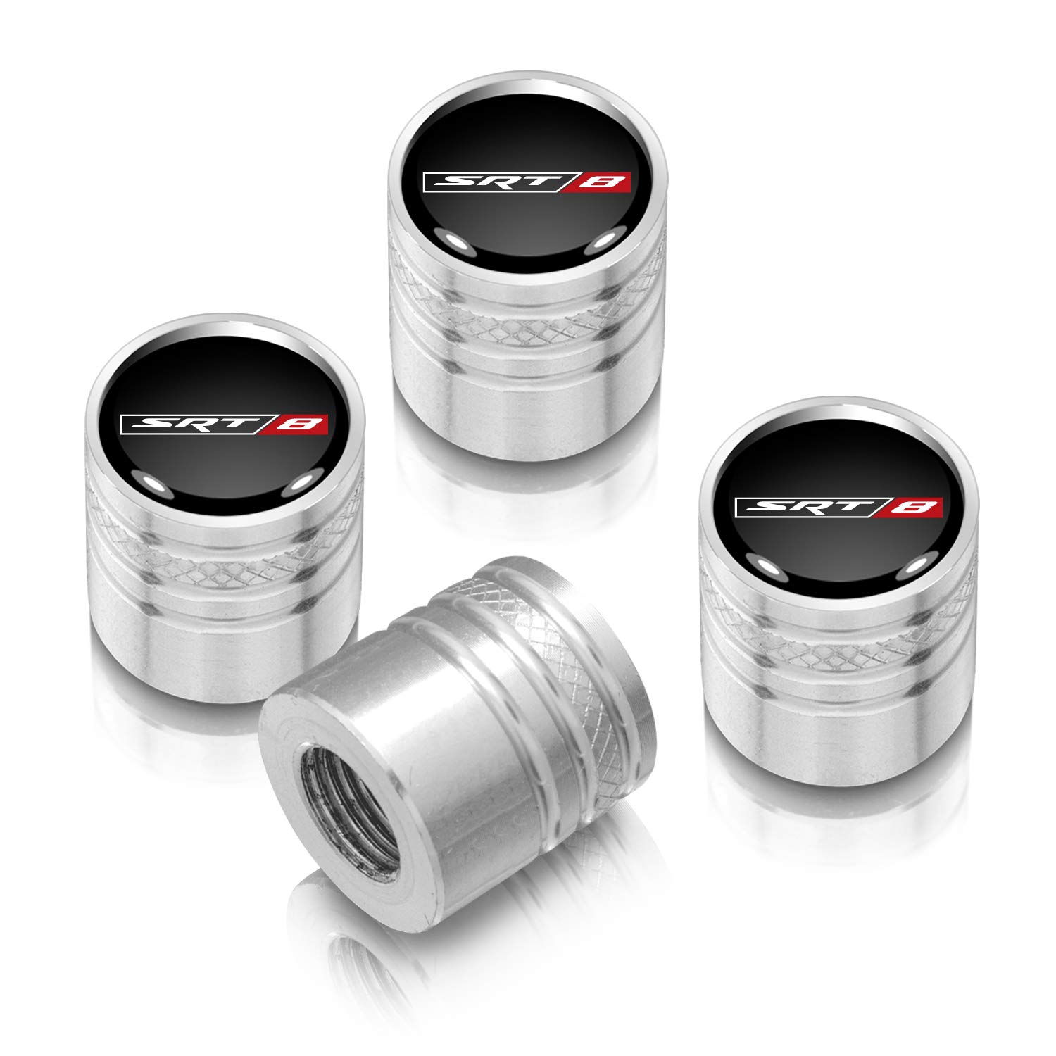 Black & Silver Aluminum Cylinder-Style Tire Valve Stem Caps for Dodge Jeep SRT-8 - Durable Wheel Accessories for Off-Roading & Car Customization