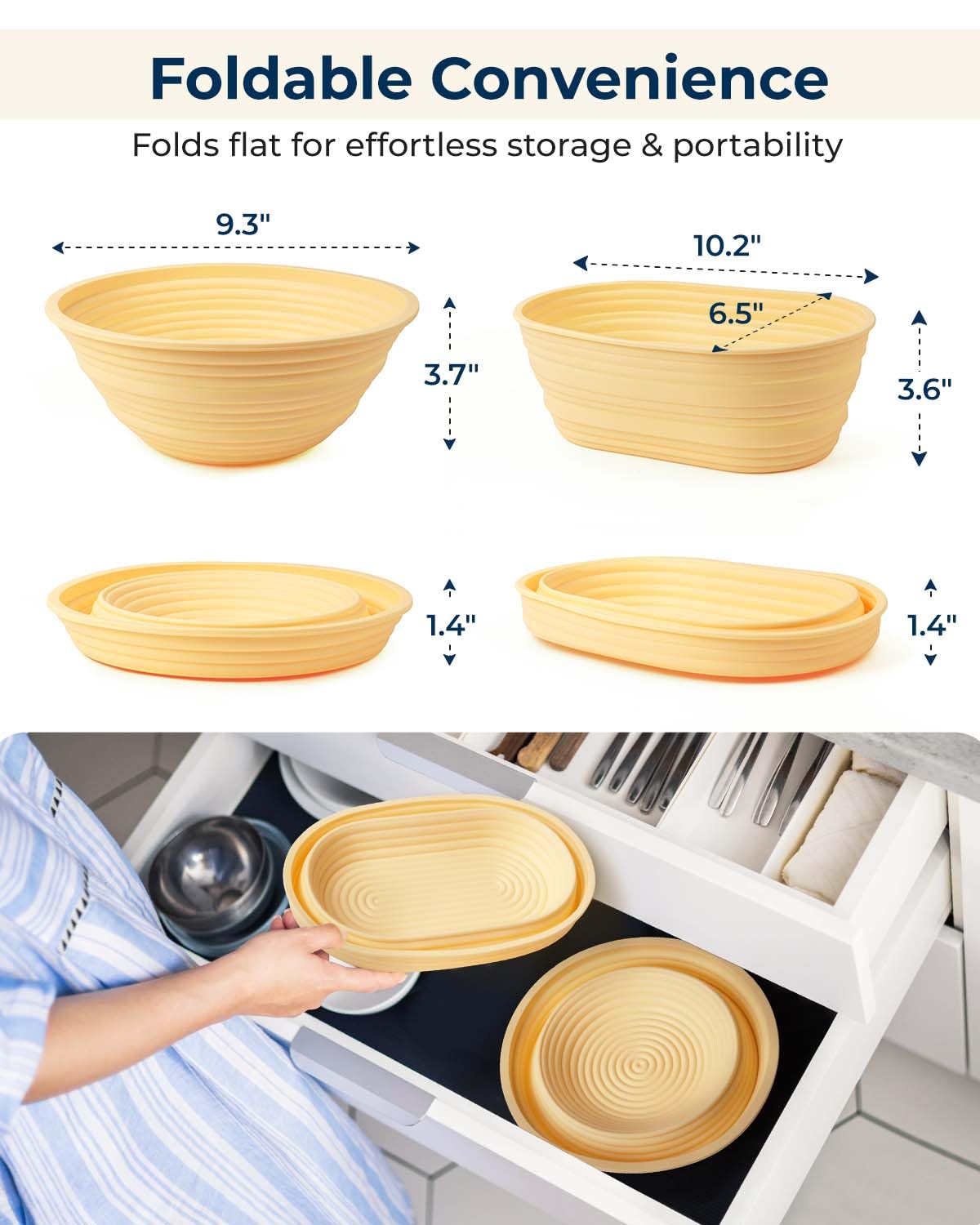 Silicone Proofing Baskets with Sourdough Starter Jar Kit - 9 Inch Round & 10 Inch Oval Foldable Banneton Bread Proofing Baskets - Professional Sourdough Bread Baking Supplies for Home Bakers | Perfect for Artisan Bread, Homemade Sourdough, and Baking Enthusiasts