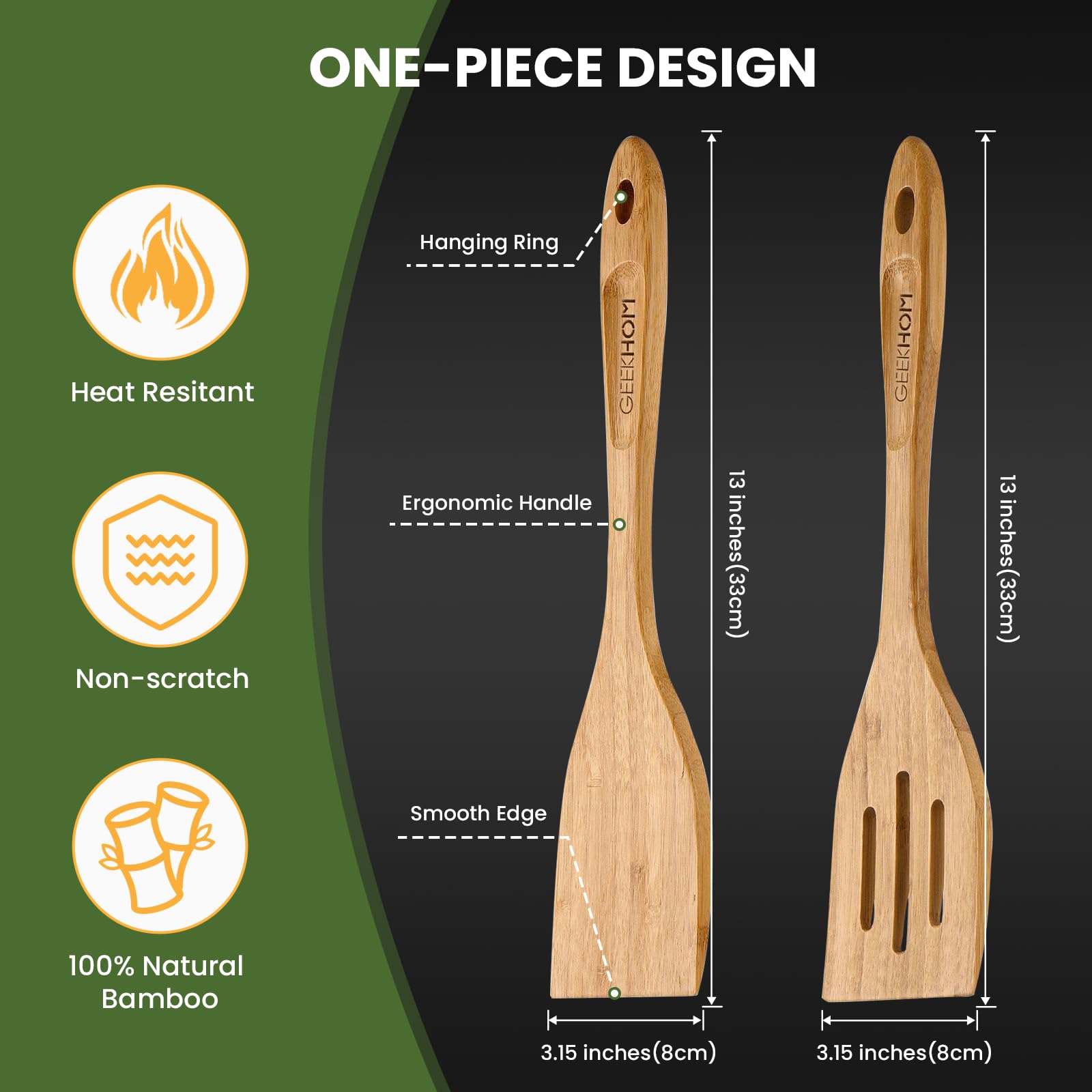 GEEKHOM 2-Pack 13 Inch Bamboo Spatulas for Nonstick Cookware - Wooden Kitchen Utensils for Cooking, Flipping Pancakes, Fish & Eggs - Eco-Friendly Slotted Wok Turner - Perfect for Sauteing, Stir-Frying & Serving Healthy Meals