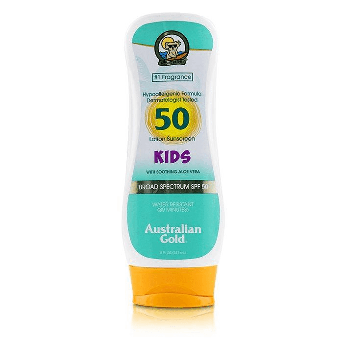 Australian Gold Kids SPF 50 Sunscreen Lotion - 8 oz Bottle - Broad Spectrum UVA/UVB Protection - Water Resistant - Gentle Formula for Sensitive Skin - Perfect for Beach, Pool & Outdoor Activities