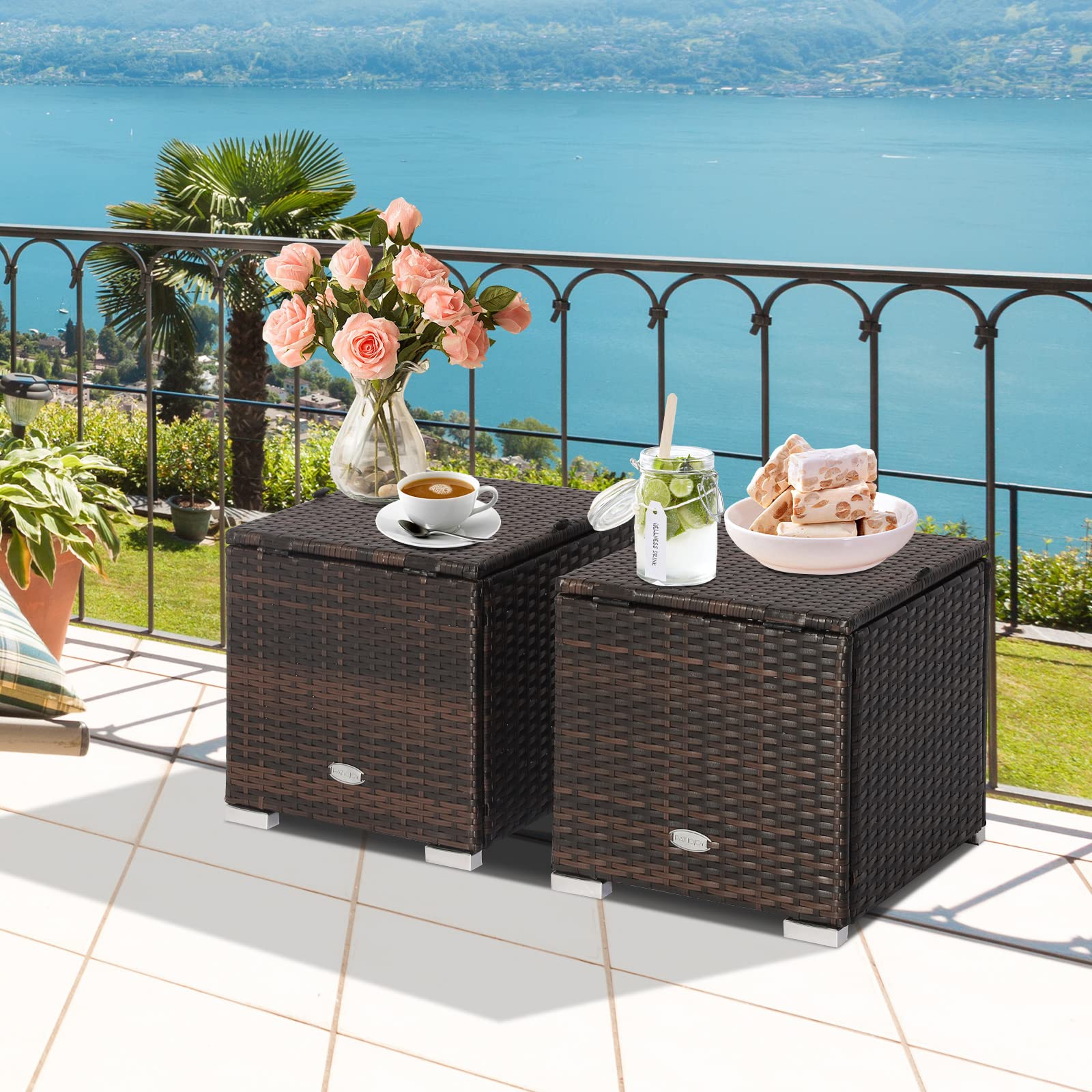 Tangkula 2-Piece PE Rattan Patio Ottoman Set with Removable Cushion & Hidden Storage - Multifunctional Side Table/Seat for Outdoor Living, Backyard, Poolside & Garden (Turquoise) - Perfect for Relaxation, Entertaining & Stylish Storage Solutions