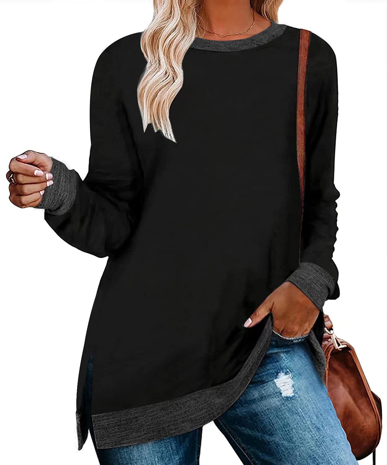 WELINCO Women's Color Block Crewneck Pullover Long Sleeve Tunic Top with Side Split - Casual Loungewear & Layering Essential for Fall/Winter Fashion