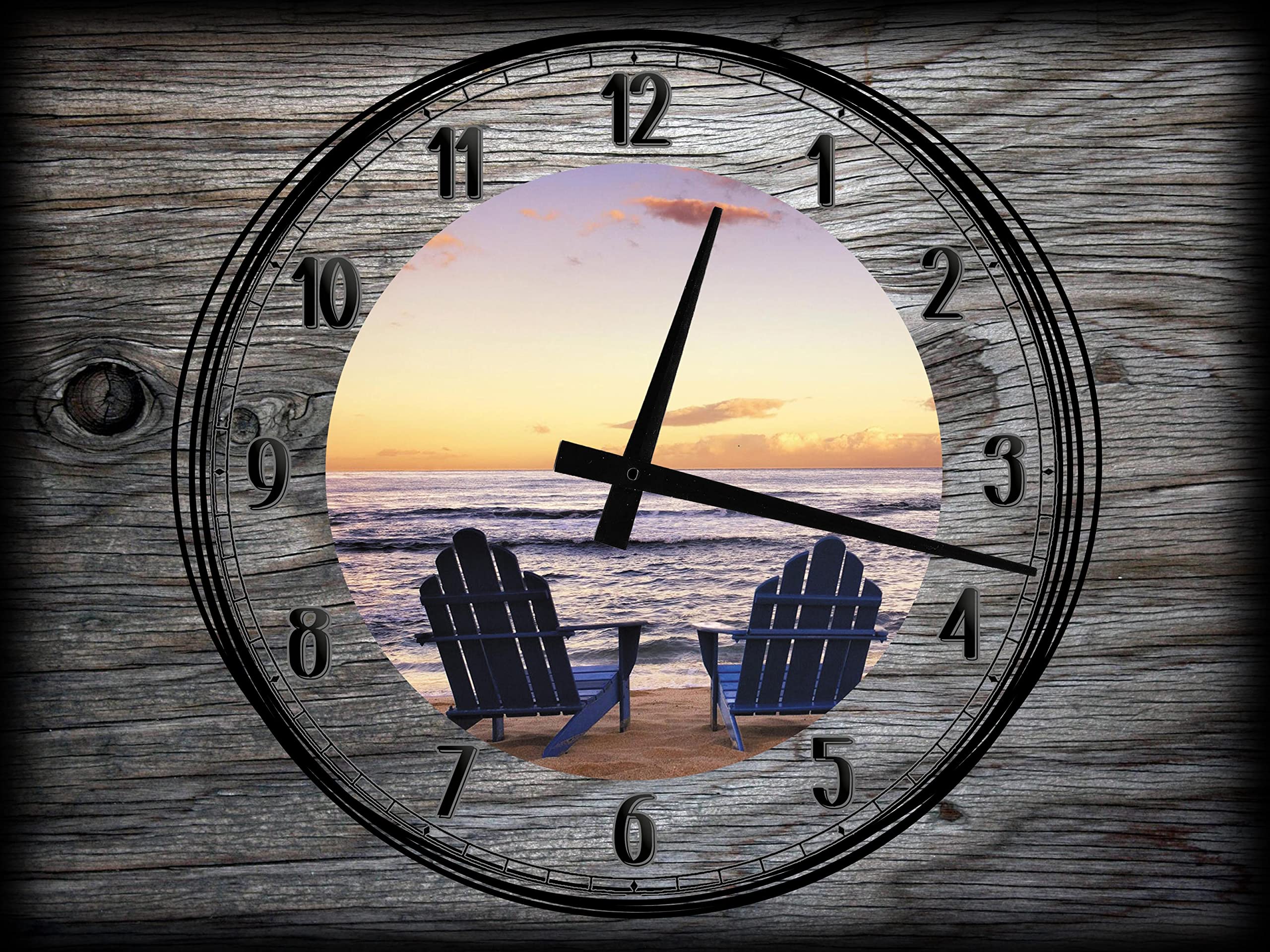 AMG Prints Beach Wall Clock on Canvas - Blue Beach Chairs Overlooking Sunset Lake - Large 12x16 Barnwood Gray Wall Art Clock for Men - Perfect for Beach House, Living Room & Office Decor