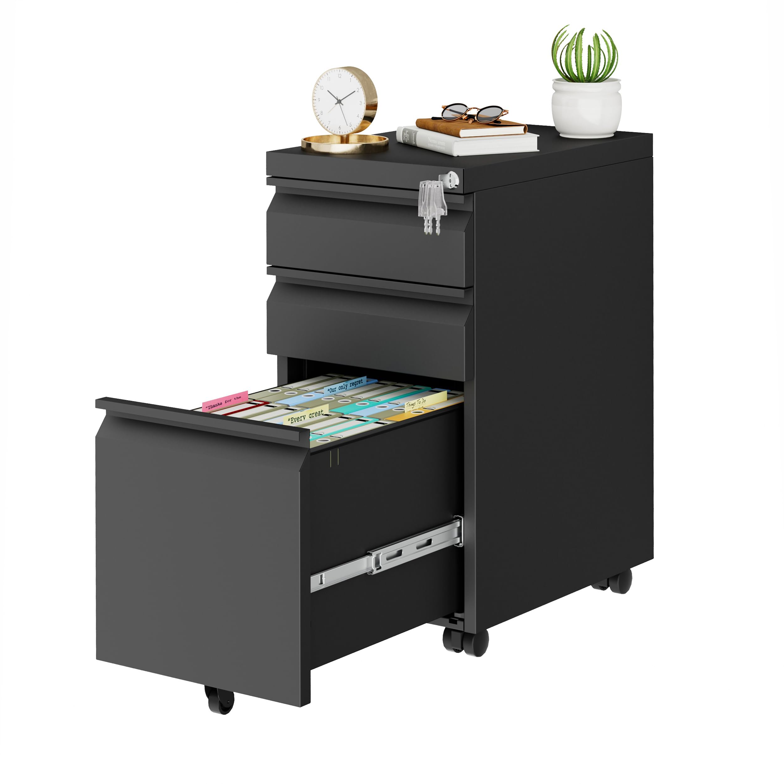3-Drawer Slim Metal File Cabinet with Lock - Mobile Office Storage for A4, Letter & Legal Folders - Fully Assembled Black Filing Cabinet for Home & Office Organization