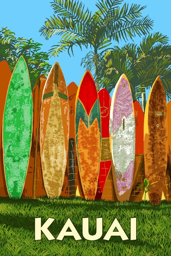 Lantern Press Kauai Surfboard Fence Wall Art - 16x24 Wrapped Canvas Print for Beach House Decor, Hawaiian Coastal Living Room & Surf Theme Bedroom