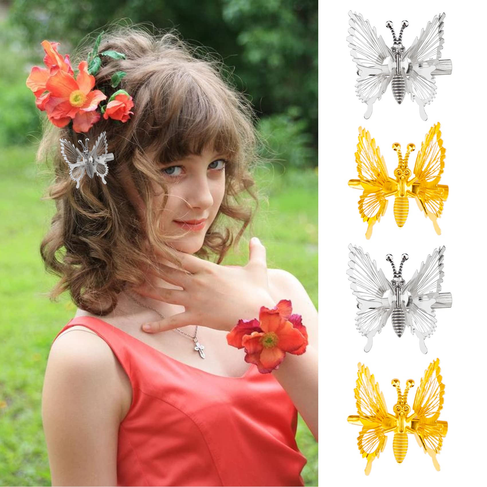 SANNIDHI® 8Pcs Butterfly Hair Clips for Women - Stylish Metal Hair Barrettes with Flapping Wings, Hair Styling Clips for Girls (Gold & Silver) - Perfect for Parties, Weddings & Everyday Hair Accessories