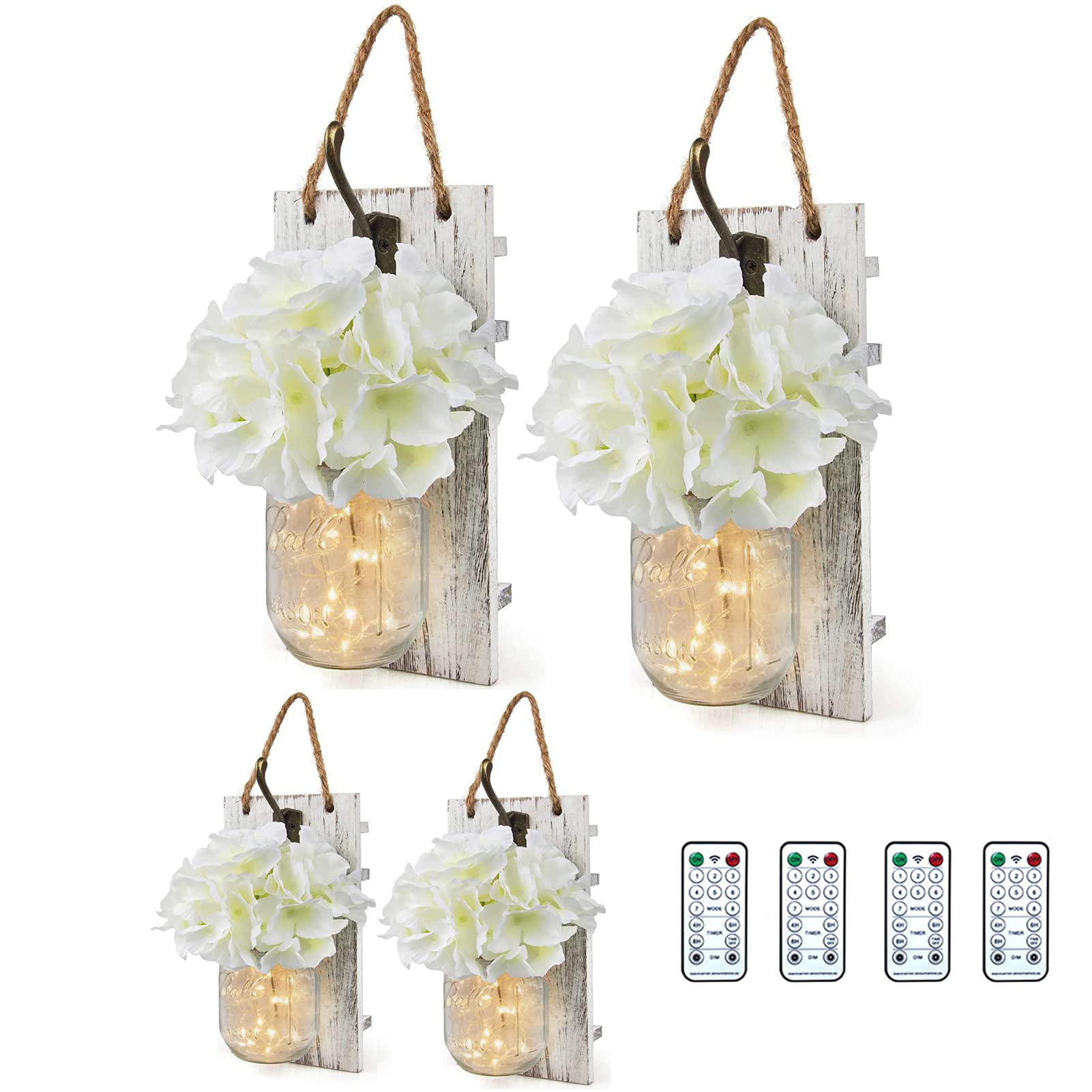 ZREYLLB Rustic Mason Jar Wall Sconce with LED Fairy Lights & Hydrangea Bouquet - Remote Control, Timer Function, Battery Operated for Kitchen, Living Room, Bedroom, Porch Decor (4-Piece Set) | Perfect for Farmhouse, Cottage, Wedding & Home Decoration