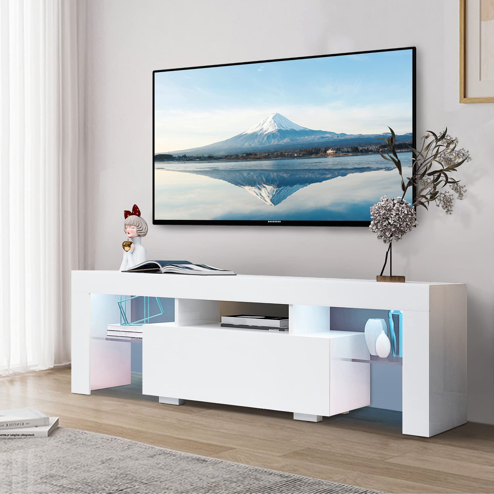 Modern LED TV Stand for 65 Inch TV - Entertainment Center with Storage, Media Console TV Cabinet - White - Perfect for Living Room, Bedroom & Office Setup