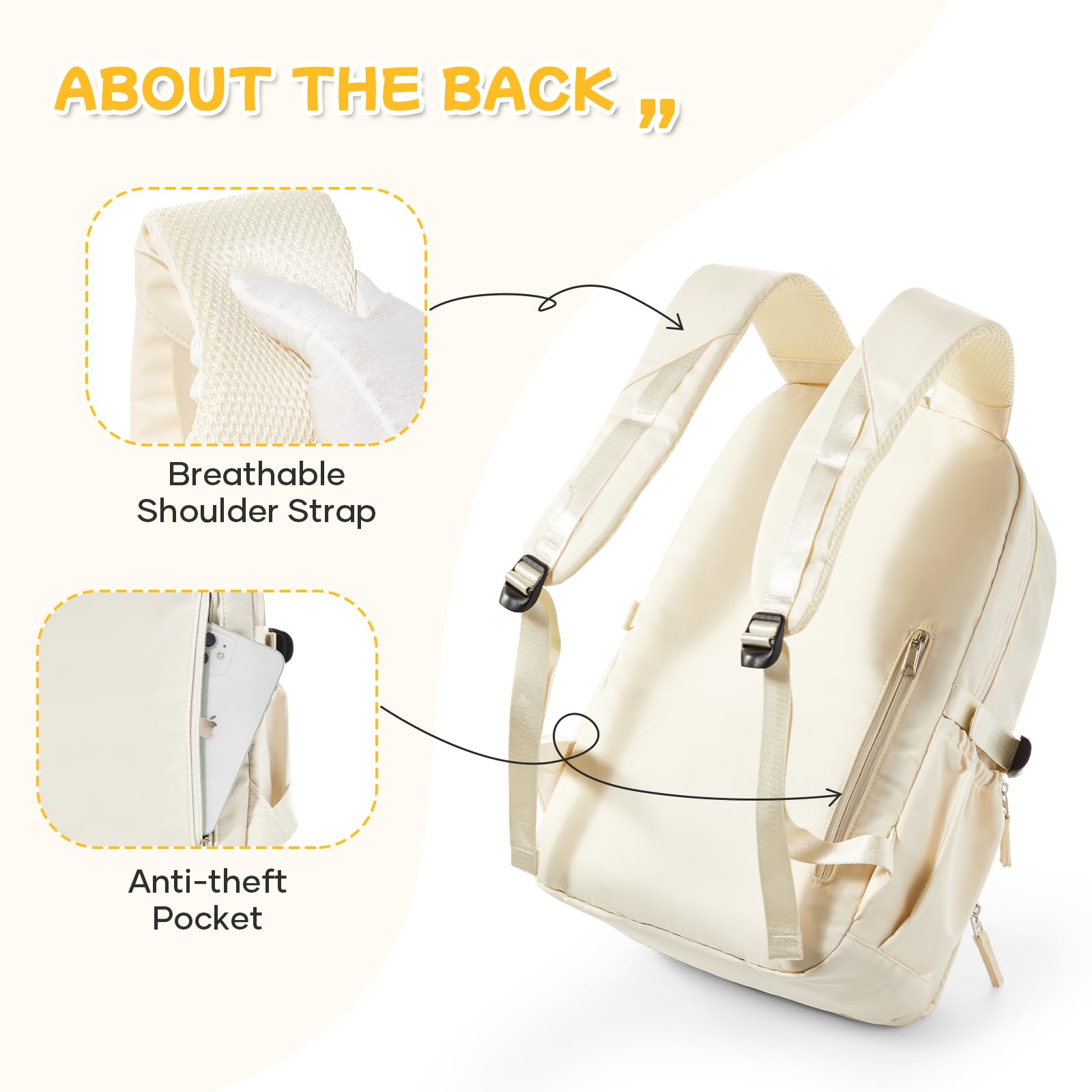 Coofay 17 Inch Travel Laptop Backpack for College Students - Waterproof School Backpack for Women & Men, Lightweight Gym Bookbag with USB Charging Port - Perfect for High School, Work, Commuting & Travel, Beige