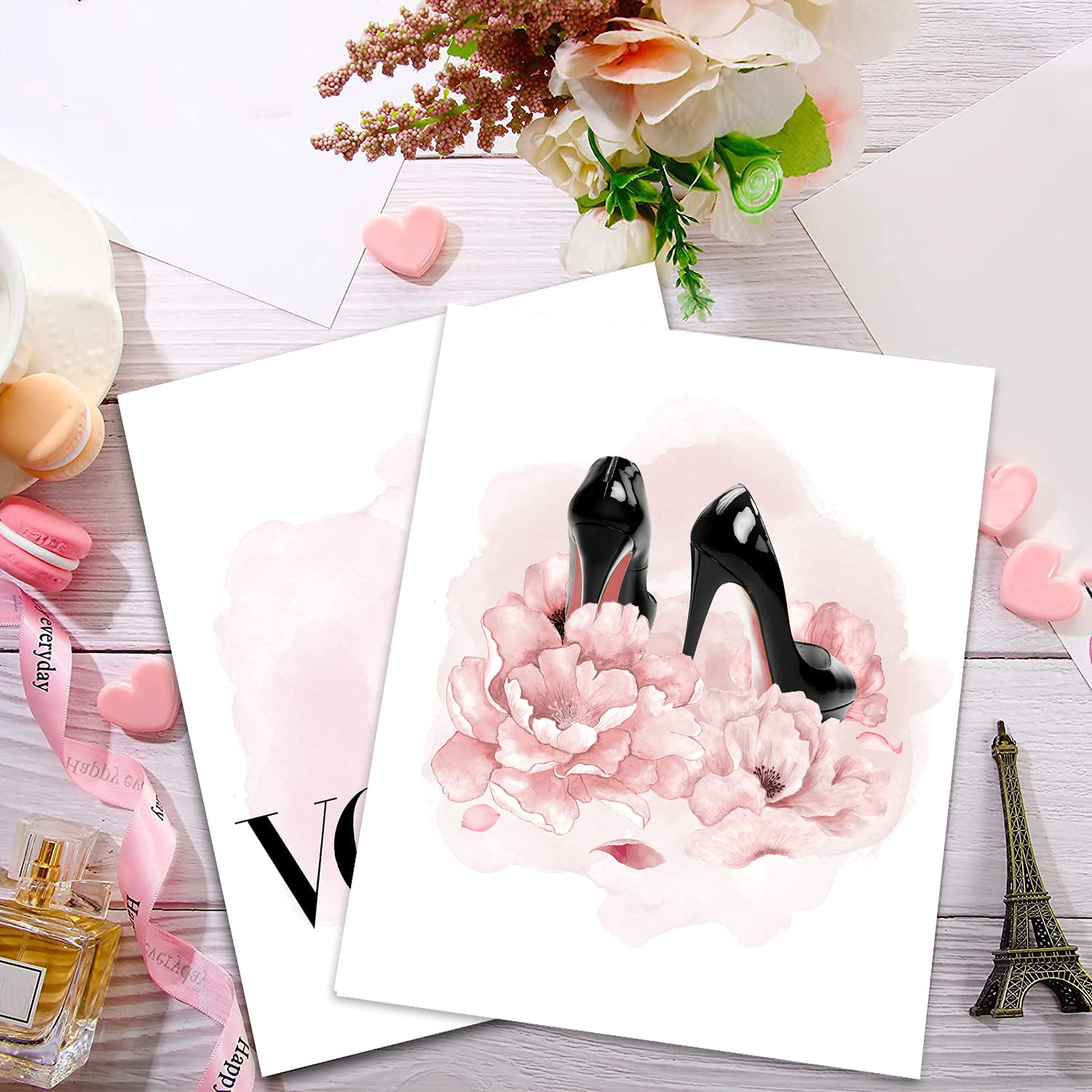 African American Wall Art - Black Girl Pink Flowers Canvas Prints, Set of 4 (8x10in UNFRAMED) - Perfect for Girls Bedroom Decor, Women's Room Aesthetic & Gift Ideas - Wall Paintings Featuring Perfume, Handbags & High Heels - Modern Home & Office Decor