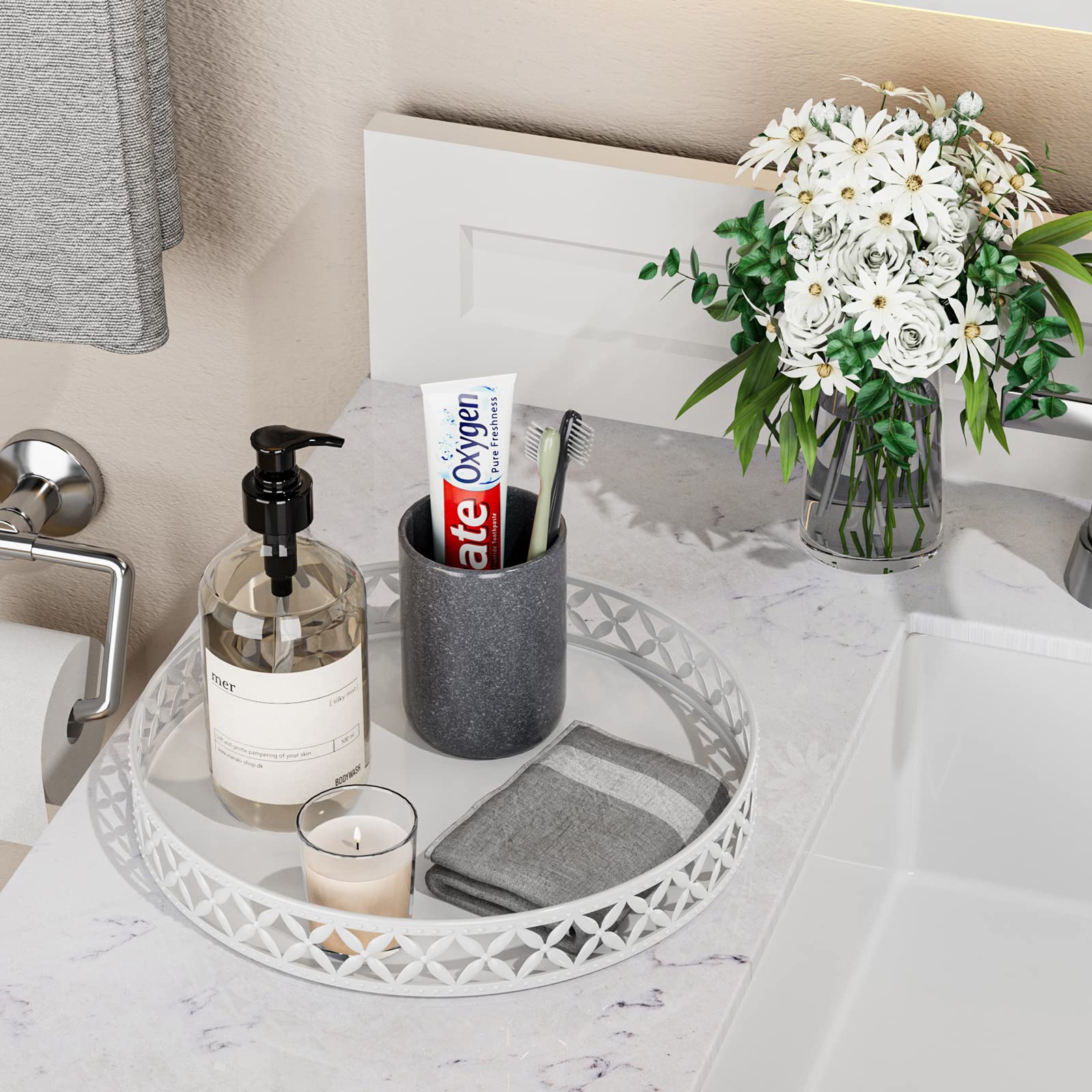 EKNITEY 11 Inch White Bathroom Counter Tray - Decorative Vanity Organizer for Cosmetics, Perfume & Jewelry Storage | Perfect for Bathroom, Bedroom & Dresser Countertop Organization