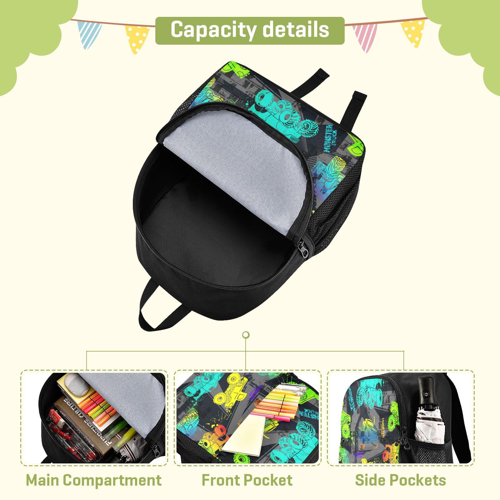 Waterproof Monster Truck Toddler Backpack for Boys & Girls - Cute Small Kindergarten Preschool Bag (Size S) - Perfect for Daycare, Travel & Outdoor Adventures