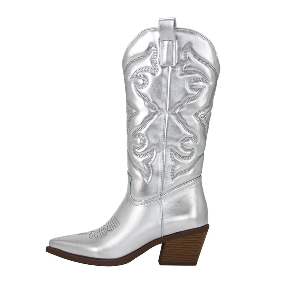 Kluolandi Women's Vintage Western Cowboy Boots - Embroidered Pointed Toe, Chunky Heel, Mid Calf Pull On Tabs for Cowgirl Style | Perfect for Country Music Festivals, Rodeos & Western Fashion Outfits