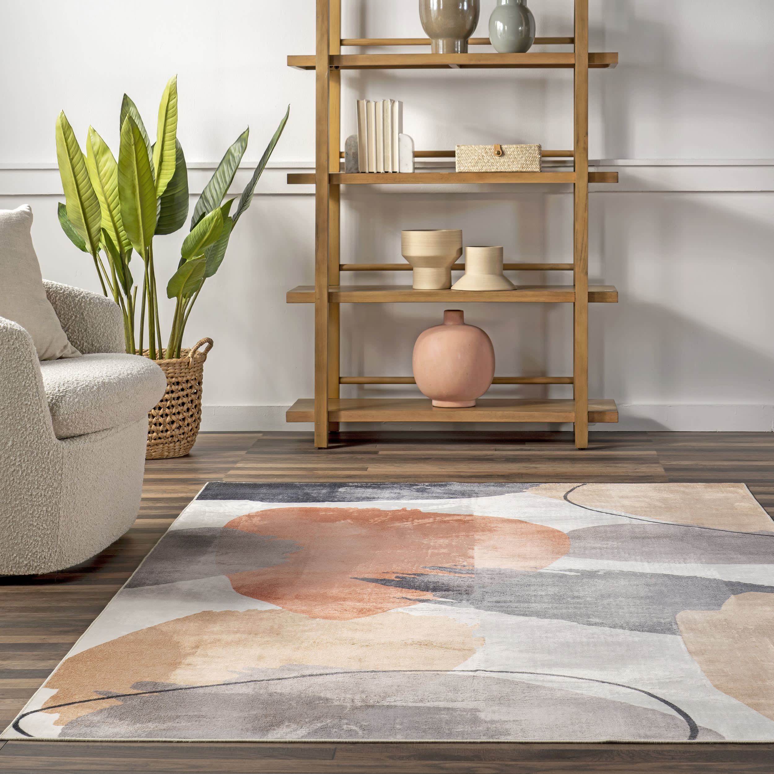 Alize Abstract Washable Rug - Soft Non-Slip Peach Area Rug for Living Room, Bedroom, Nursery | Machine Washable Modern Decor