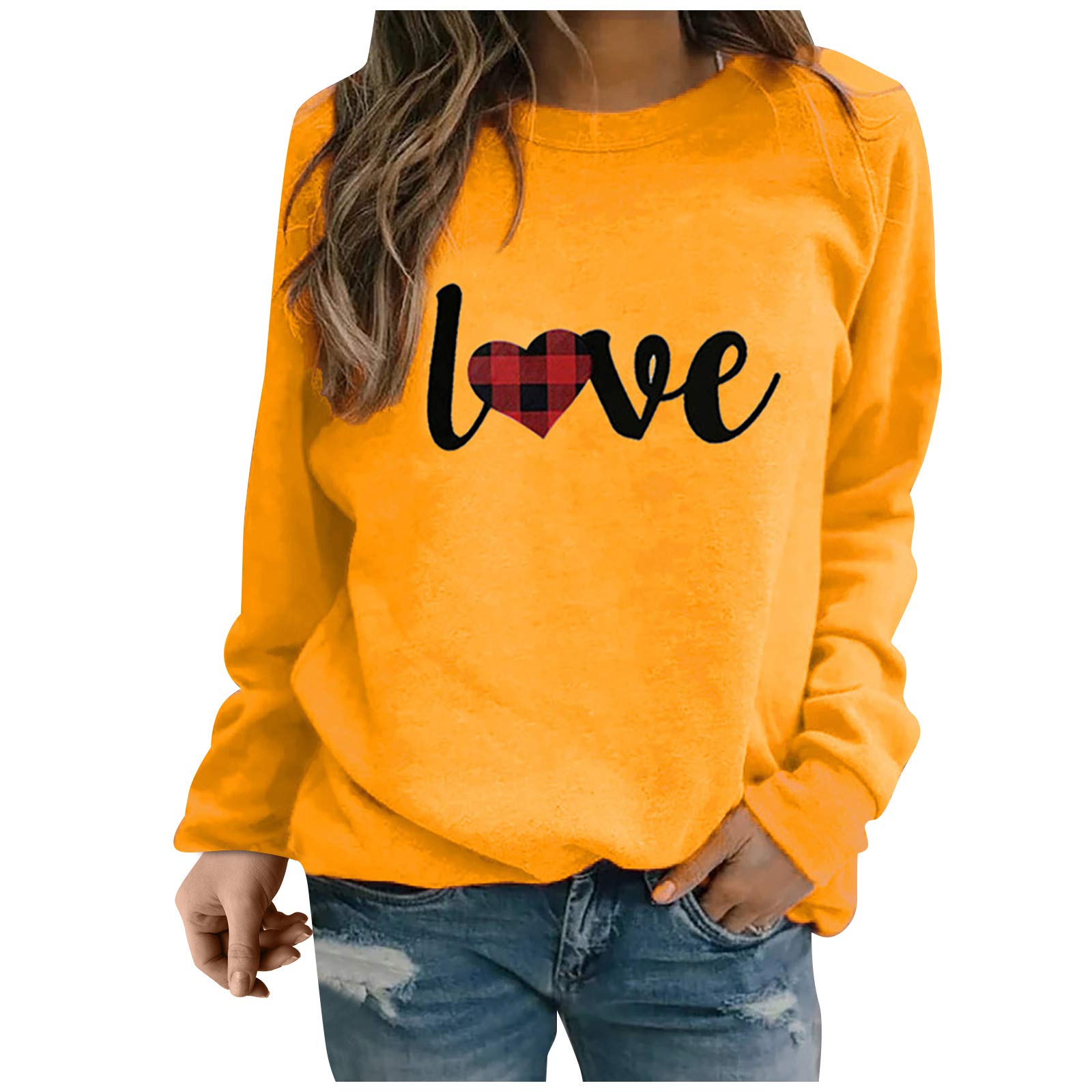 Women's Long Sleeve V-Neck Printed Sweater Shirt - Cute Love Design Loose Blouse Top for Casual Wear & Date Nights