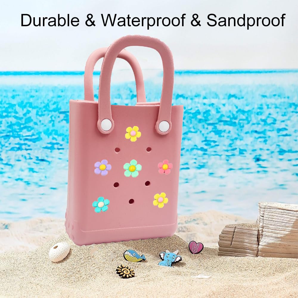 Mini Rubber Tote Bag 6.5x8.0x3.1 Inches - Small Waterproof Beach Bag with Cute Charms for Women & Girls (Purple) | Perfect for Pool, Beach, Gym & Shopping