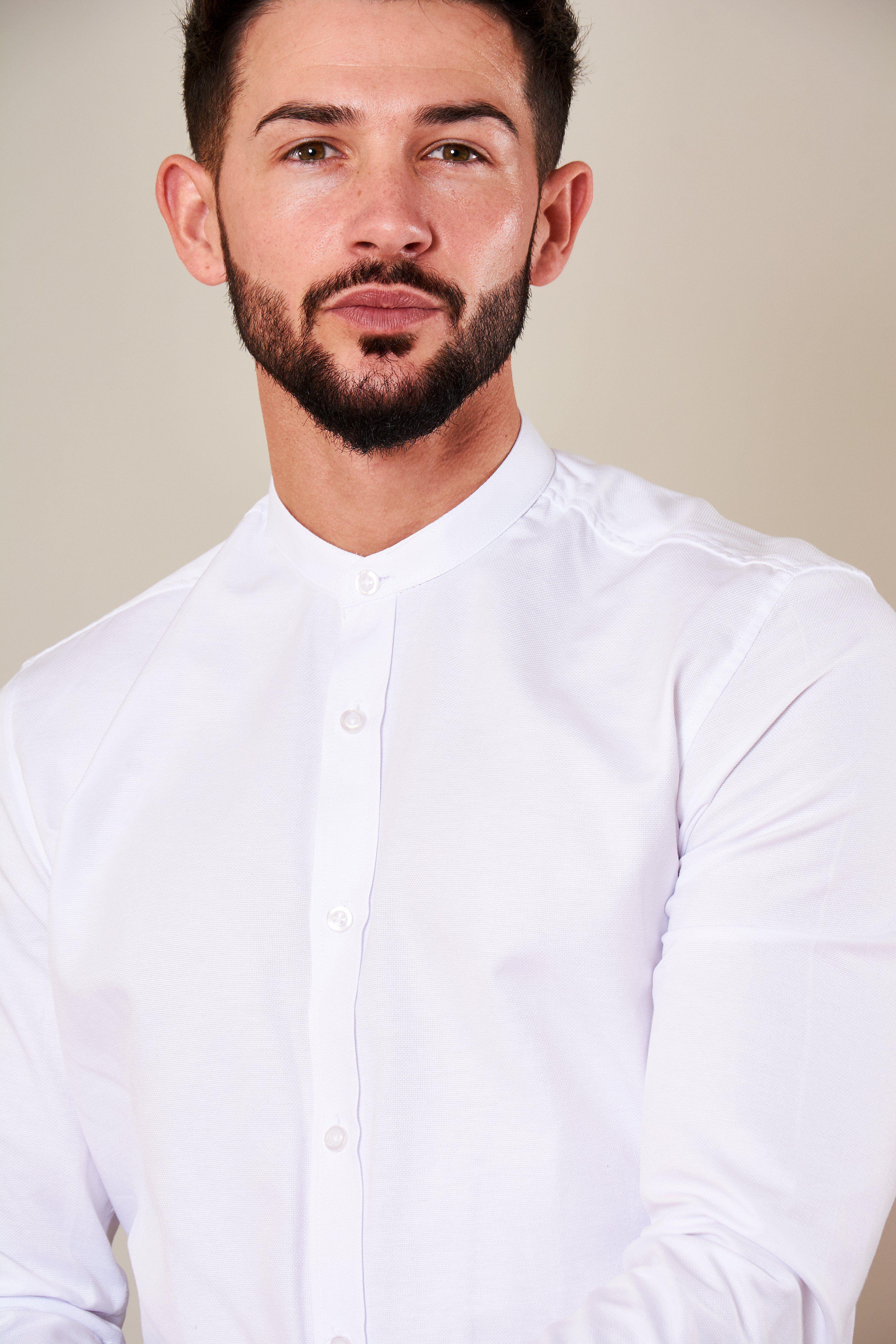 THOMAS Men's White Grandad Collar Shirt - Casual Button Down Shirt for Business, Office & Everyday Wear