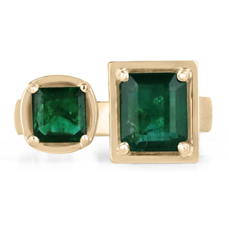 3.80tcw 14K Gold Dark Forest Green Asscher Cut Natural Emerald Toi Et Moi Ring - Elegant Vintage Engagement & Wedding Jewelry for Women, Perfect for Anniversary Gifts & Romantic Occasions