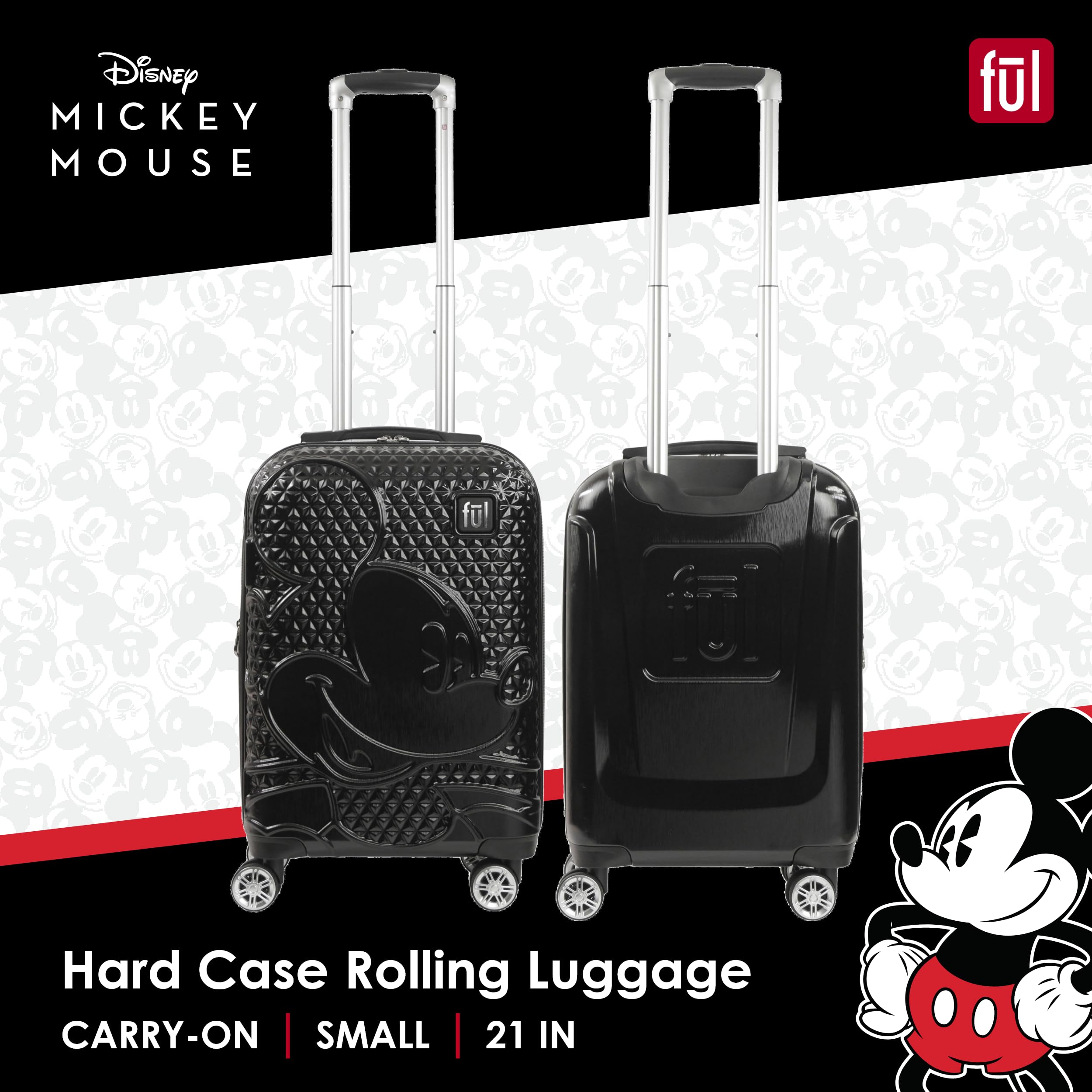 Disney Mickey Mouse 21 Inch Hardshell Carry On Luggage with 360° Spinner Wheels - Black Rolling Suitcase for Kids Travel, Airplane Cabin Approved, Perfect for Family Vacations & Weekend Getaways