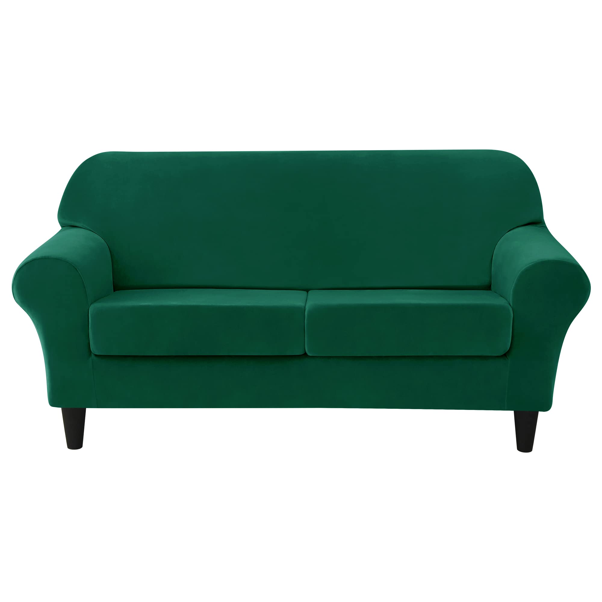 Stretch Velvet Sofa Slipcover for 2 Cushion Couch - Soft Thick Furniture Protector Cover for Loveseat - Pet & Kid Friendly Stretchable Sofa Cover (Medium, Green) - Perfect for Living Room, Family Room & Home Decor