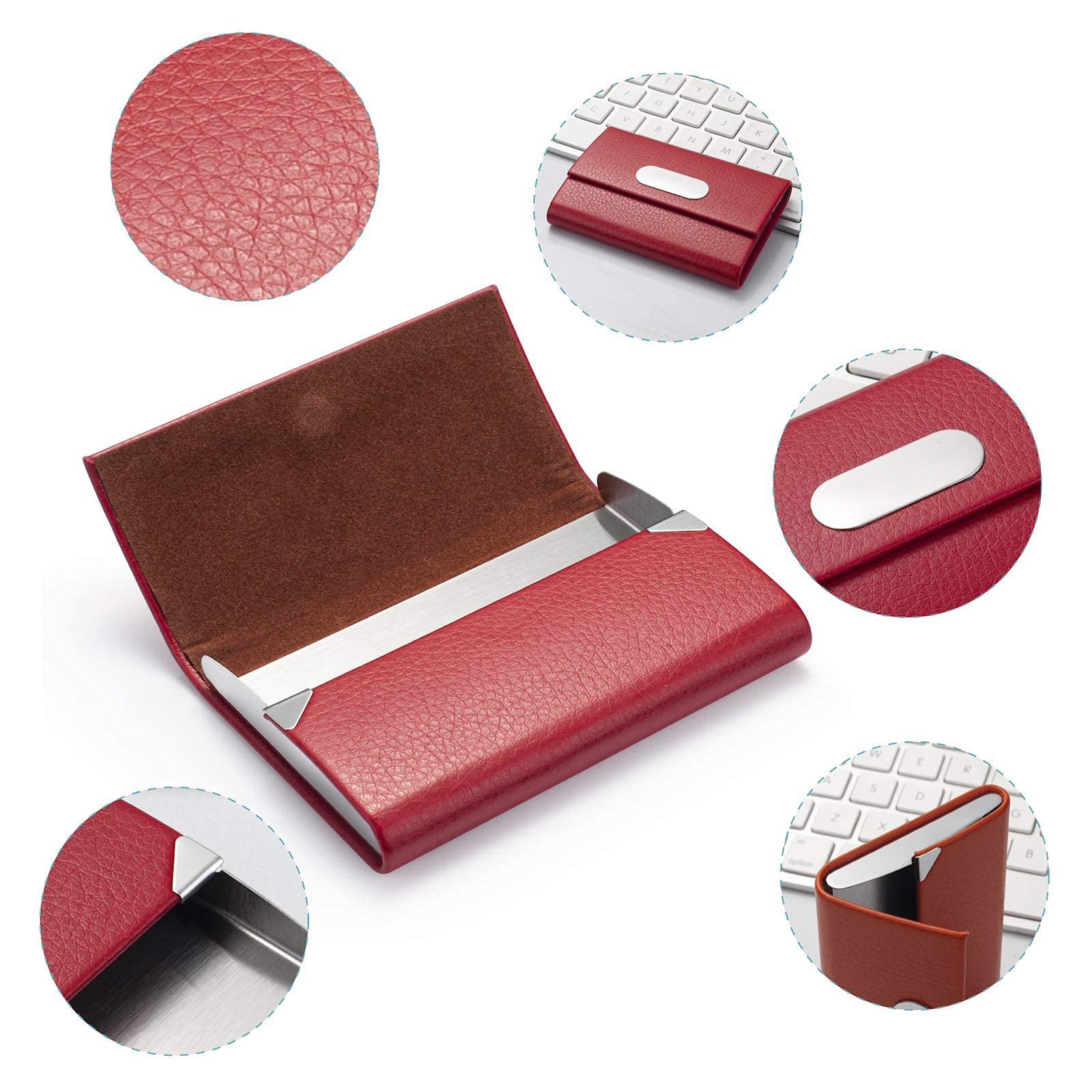 Elegant PU Leather & Stainless Steel Business Card Holder for Women - Slim Magnetic Closure Wallet for Credit Cards and Name Cards (Red) | Perfect for Office Professionals, Networking Events and Daily Organization