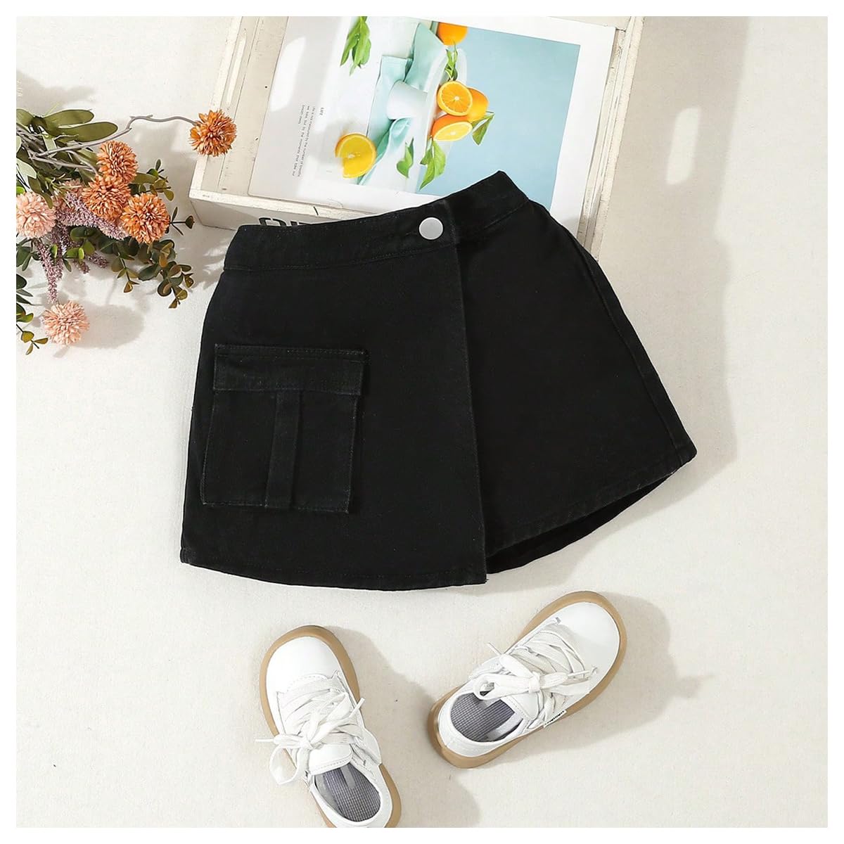 Girl's High Waist Denim Skort with Bow Front & Split Design - Elastic Waist Summer Casual Jean Skirt Shorts for School, Playdates & Outdoor Activities