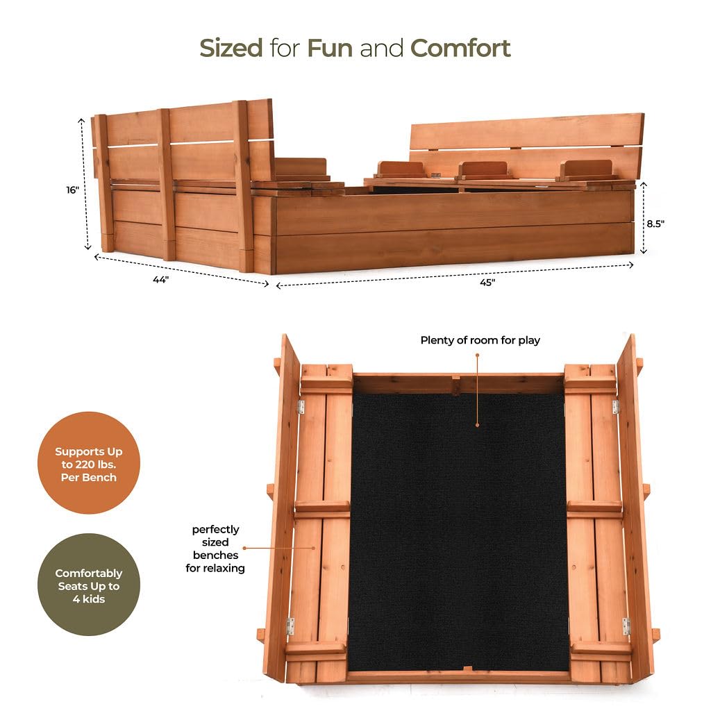 Large Wooden Kids Sandbox with Lid – Outdoor Sand Box with Cover, Foldable Bench Seats & Bottom Liner – Perfect for Backyard, Garden & Playground Sand Play