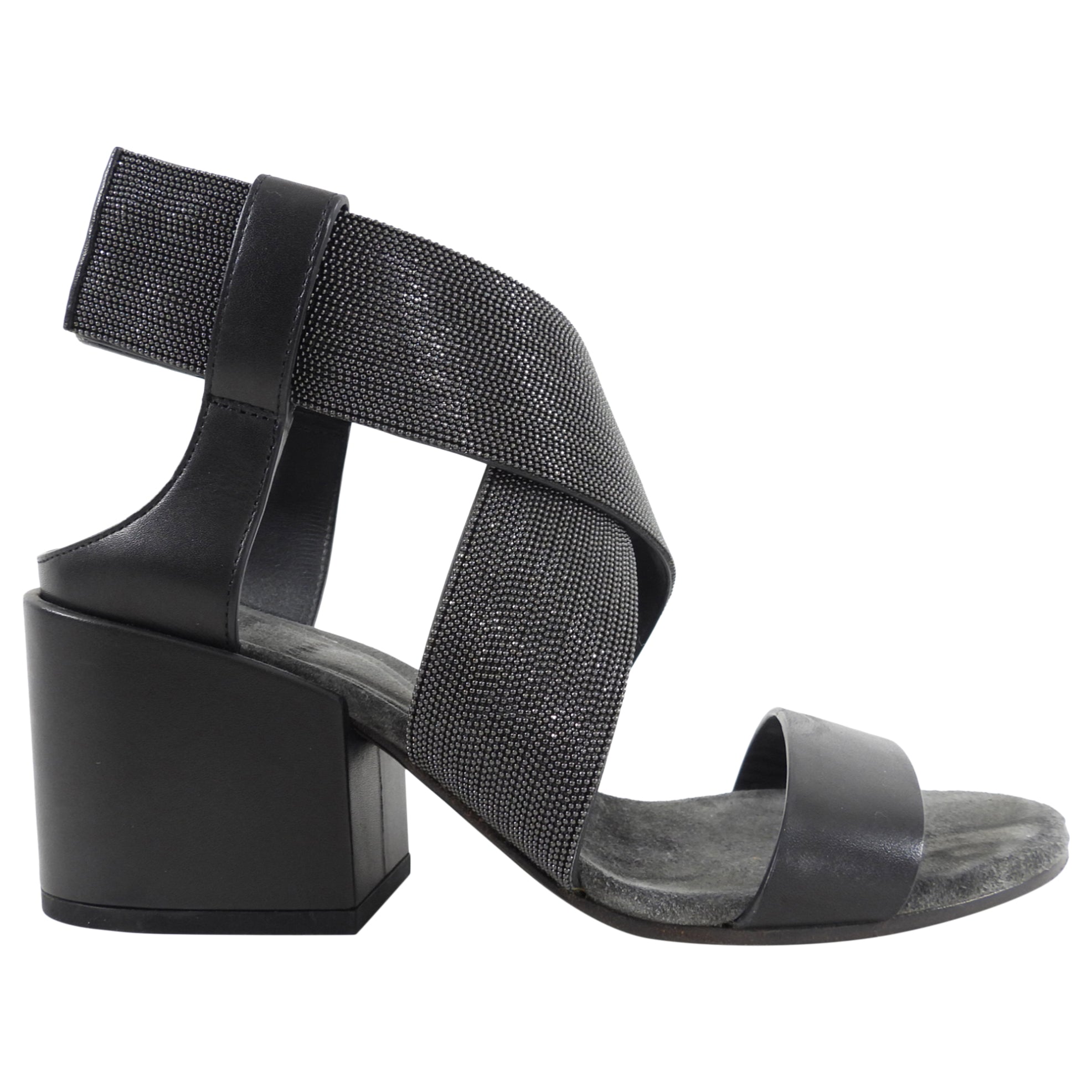 Brunello Cucinelli Grey Leather Block Heel Sandals Women's Size 37 | Luxury Italian Designer Shoes for Women | Perfect for Weddings, Parties & Summer Outfits