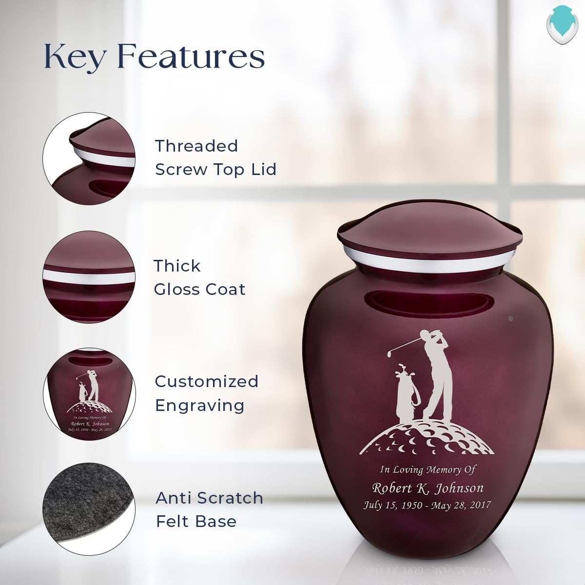 Personalized Golf Cremation Urns for Ashes - Large Cherry Purple Funeral Urn for Men & Women with Double-Sided Engraving (Holds 200 lbs) - Memorial Keepsake for Golf Lovers, Perfect for Home Display or Burial Ceremony