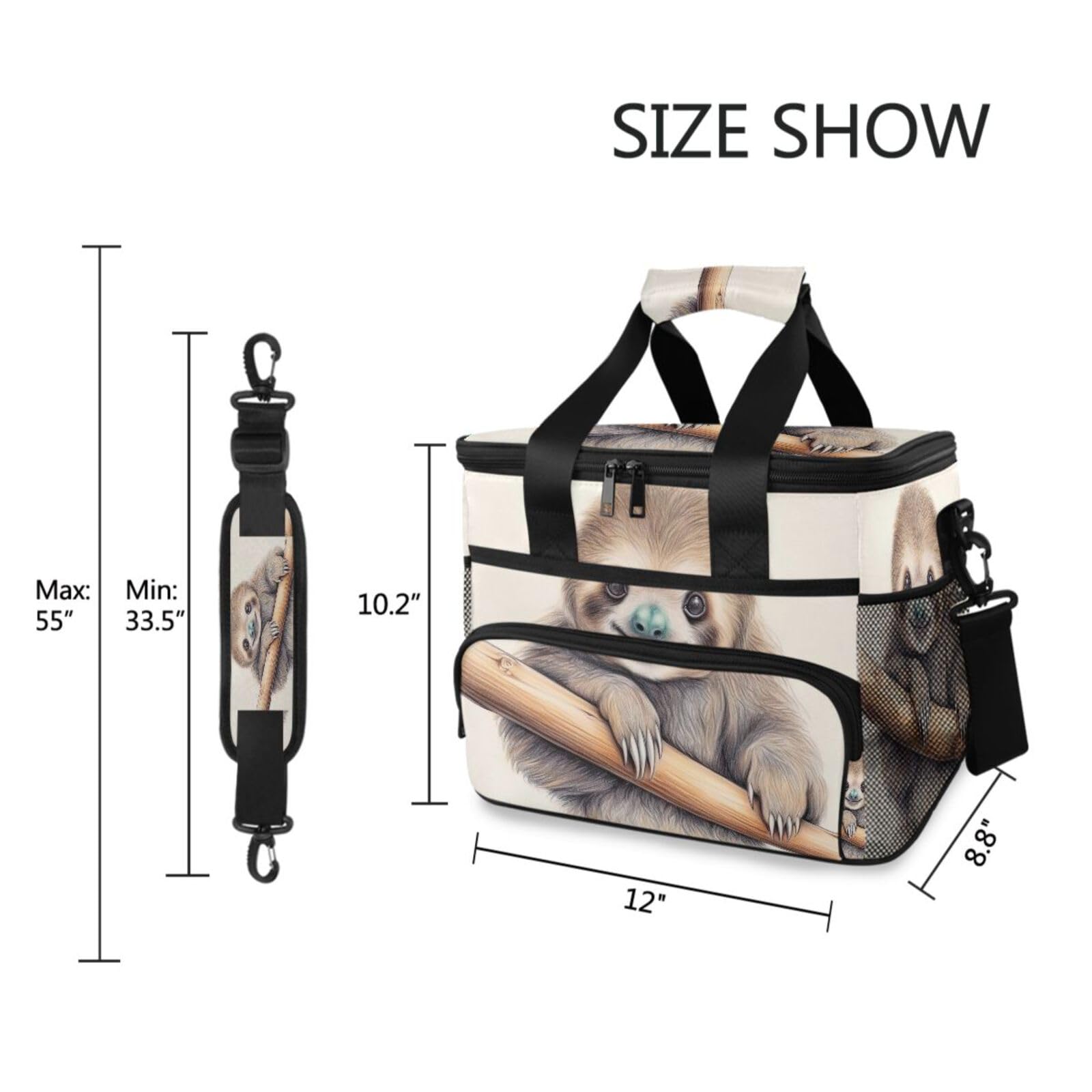 Sloth Insulated Cooler Lunch Bag - Reusable, Leakproof Lunch Box for School, Work, Picnic, Beach, with Detachable Shoulder Strap - Perfect for Outdoor Adventures and Daily Commutes