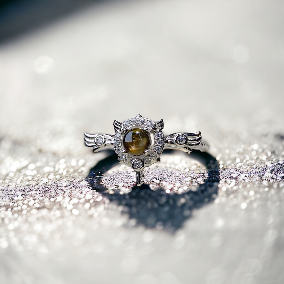 18K Gold Angel Wings Black Star Sapphire Ring for Women - Elegant Jewelry Gift for Birthday, Anniversary & Valentine's Day | NS2407