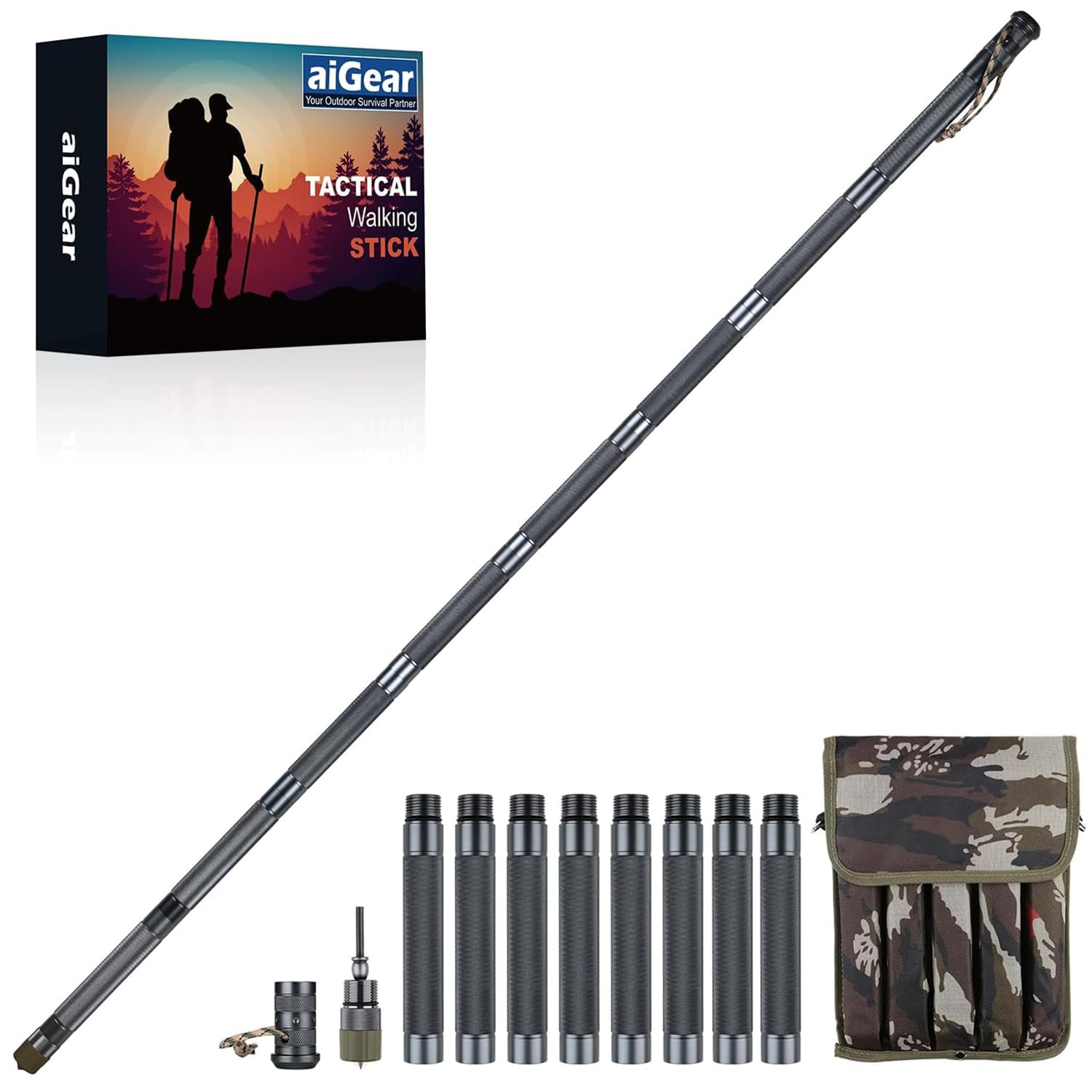 aiGear Survival Walking & Hiking Stick - Adjustable Trekking Poles with Multitool Features for Outdoor Adventures, Camping & Emergency Preparedness (8 Tubes Included) - Perfect for Mountain Trails, Backpacking & Wilderness Survival