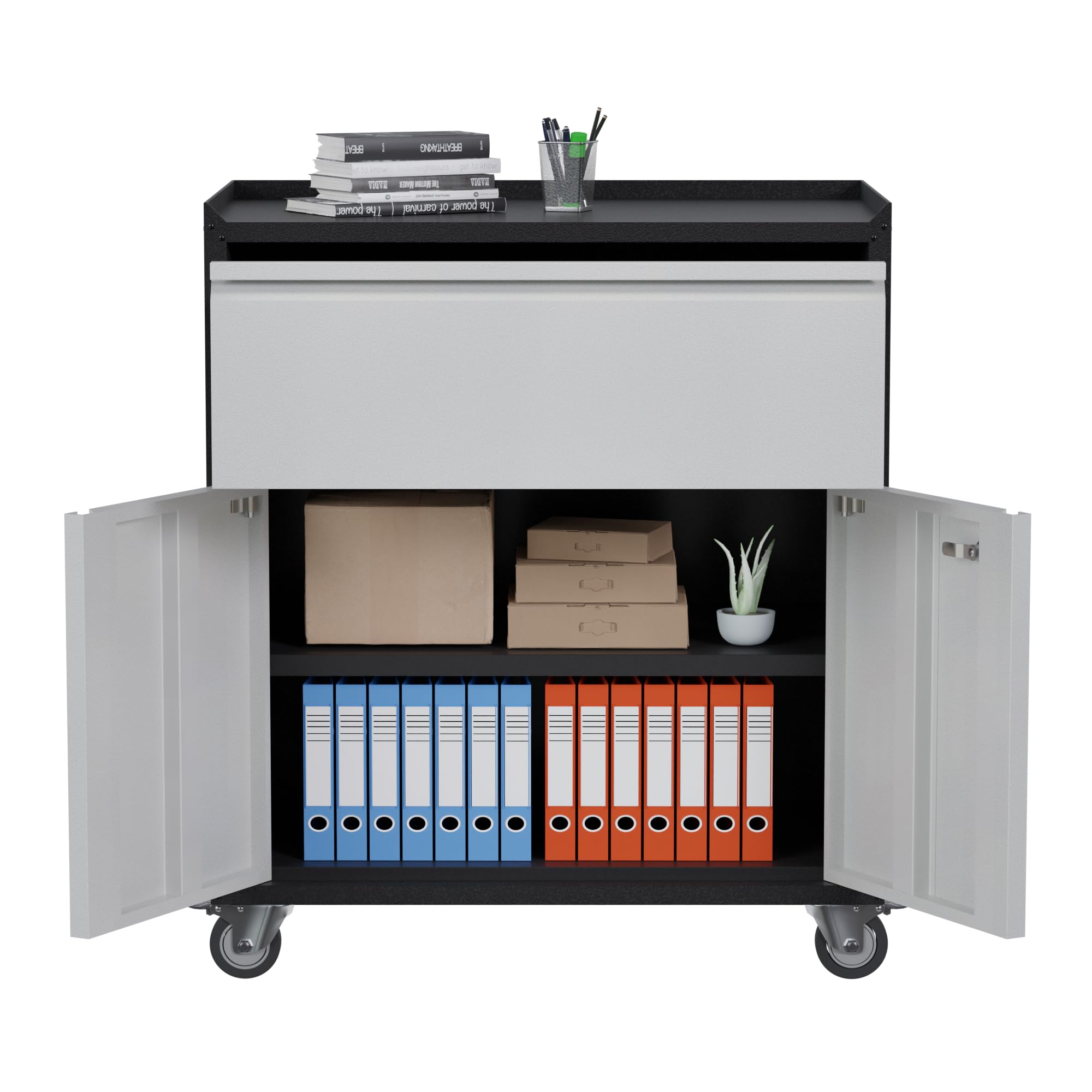 Heavy-Duty Metal Storage Cabinet with Wheels - Steel Rolling Tool Cabinet with 1 Drawer & 2 Doors - Garage, Home Office, Workshop & Garden Utility Organizer (Black/Gray) - Perfect for Tools, Equipment & Supplies Storage