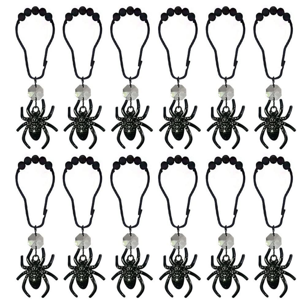 12-Pack Black Stainless Steel Spider Shower Curtain Hooks with Crystal Beads - Rustproof Bathroom Accessories for Halloween Decor, Gothic Theme & Spooky Bathroom Design