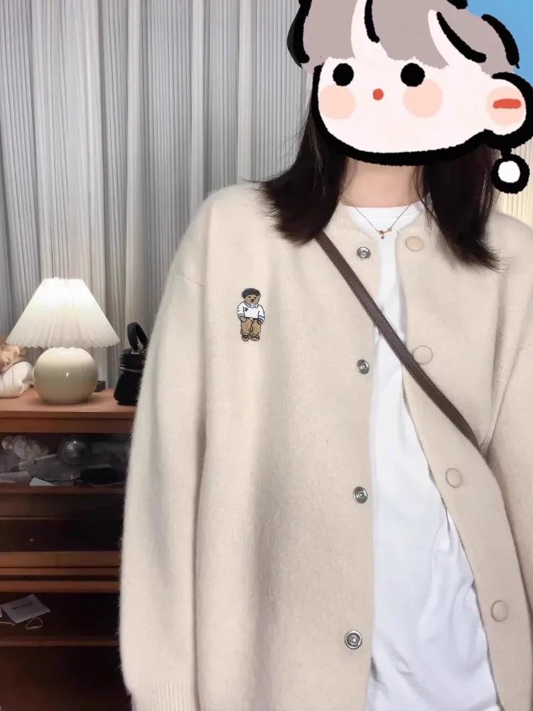 Women's Bear Embroidery Cardigan - Cozy O-Neck Knitted Pullover Sweater for Fall & Winter | Casual Preppy Style Top | Perfect for Office, Dates & Weekend Outfits