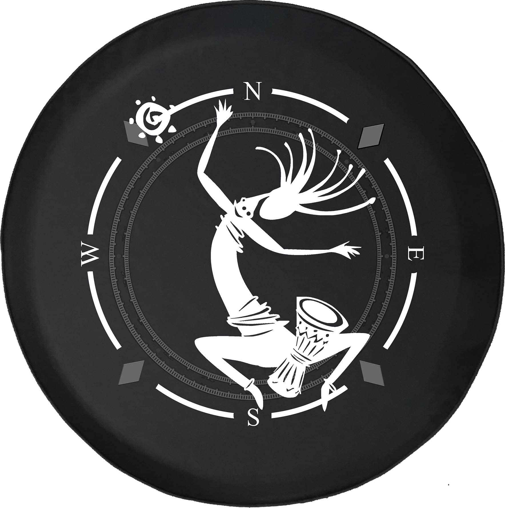 American Unlimited Spare Tire Cover with Compass & Kokopelli Design - Universal Fit for SUV, Trailer, RV Accessories - Durable Tribal Sun Wheel Cover for Outdoor Adventures & Road Trips