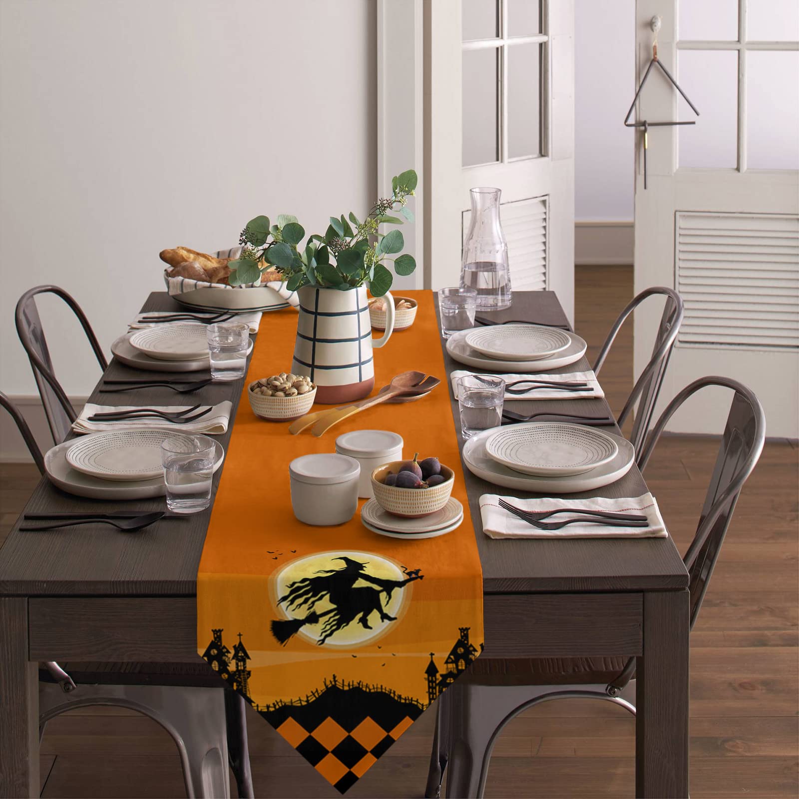 Halloween Witch Moon Castle Orange Plaid Table Runner - 13x90 Inch Long Non-Slip Washable Kitchen Dining Decor for Farmhouse, Party, Holiday Dinner - Perfect for Halloween Decorations, Thanksgiving Table Setting & Christmas Dinner Centerpiece