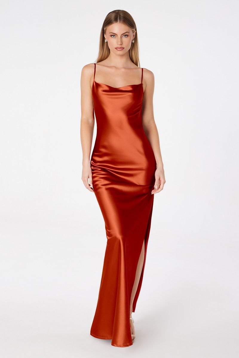Lina Maxi Dress - Cowl Neck Front & Draped Back Fitted Satin Evening Gown for Women | Perfect for Weddings, Parties & Special Occasions