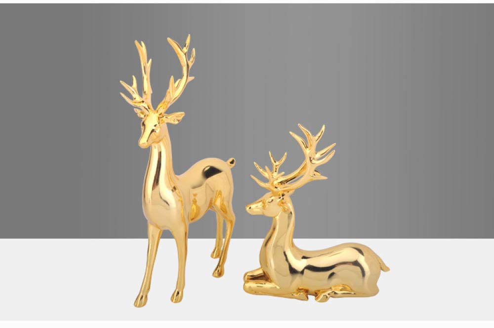 Golden Resin Deer Statue Set - Elegant Home & Office Decor, Desktop Figurine, Gift for Housewarming & Holidays (Lying & Standing Deer Sculptures) - Perfect for Living Room, Bedroom, or Workspace Decoration