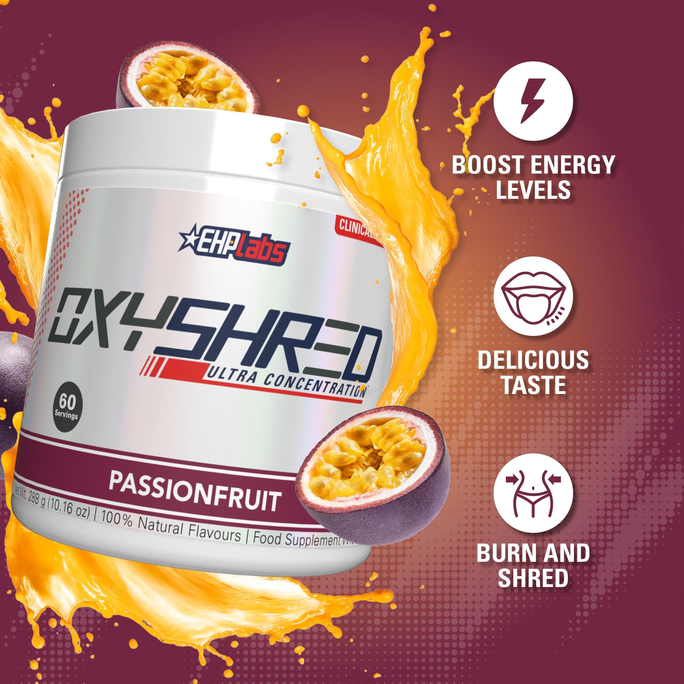 EHP Labs OxyShred Pre Workout Powder - Thermogenic Fat Burner with L-Glutamine & Acetyl L-Carnitine | Energy Boosting Supplement for Weight Loss & Focus | Passion Fruit Flavor (60 Servings) | Ideal for Gym, Cardio & Fitness Enthusiasts