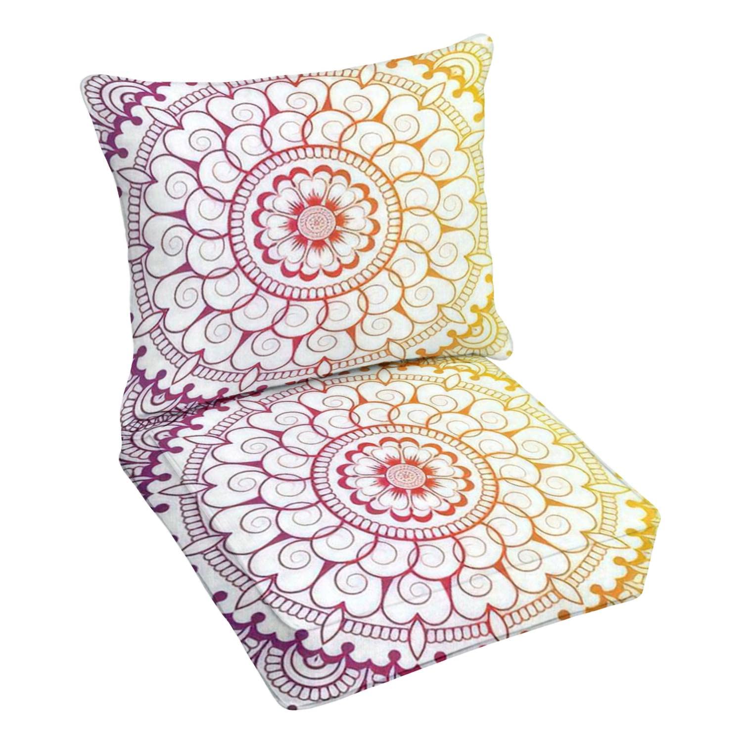 Boho Rainbow Mandala Outdoor Deep Seating Cushion Set - Premium Waterproof Patio Furniture Replacement Cushions for Lounge Chairs - Colorful Conversation Back Seat Cushions for Garden, Poolside & Deck Relaxation
