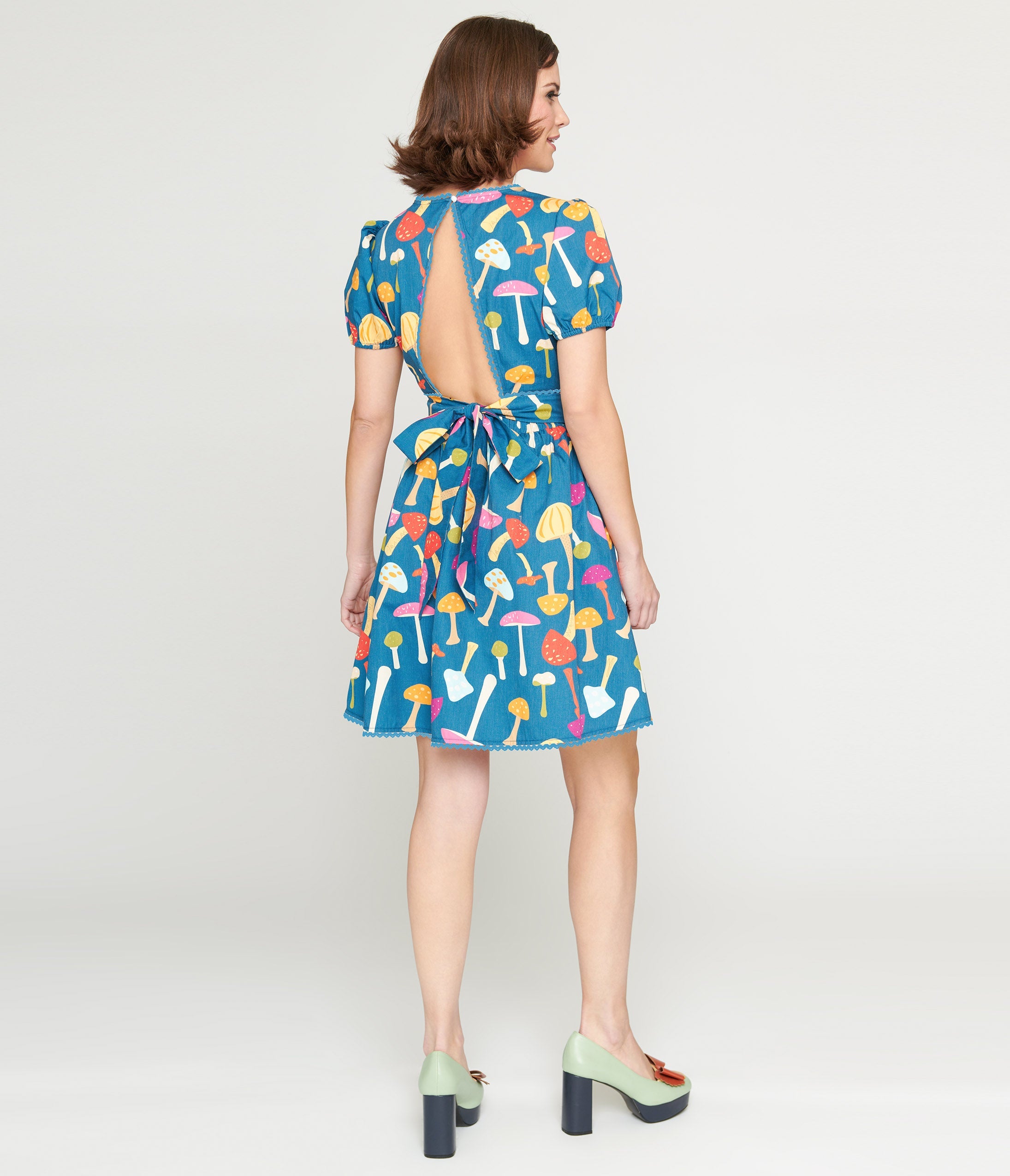 Vintage 1960s Navy & Rainbow Mushroom Print Open Back Flare Dress - Retro Hippie Party Outfit for Women, Perfect for Music Festivals & Themed Parties