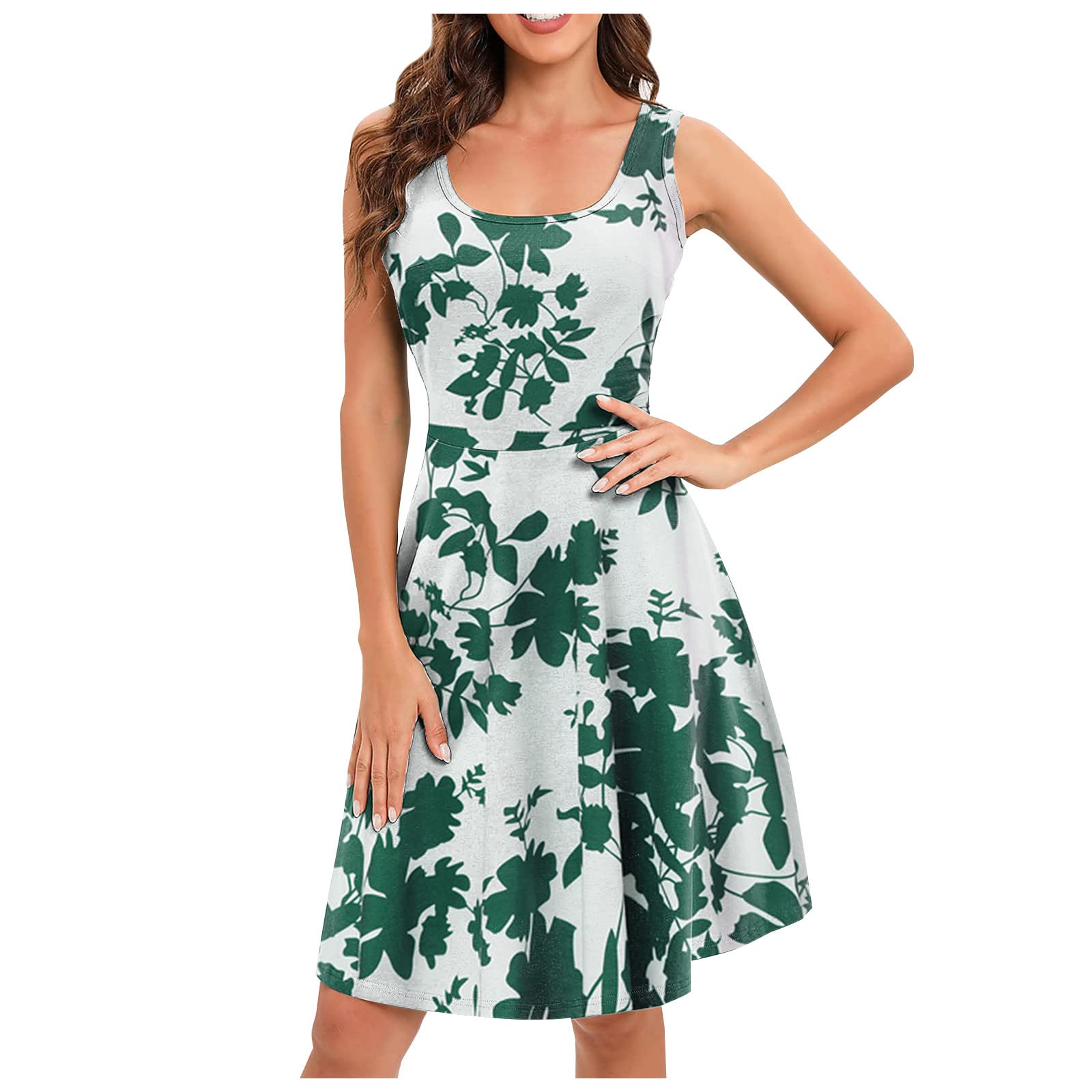 Women's Summer Casual Dress - Scoop Neck Sleeveless Floral Print A-Line Midi Sun Dress for Beach Vacation, Outdoor Picnic & Summer Parties