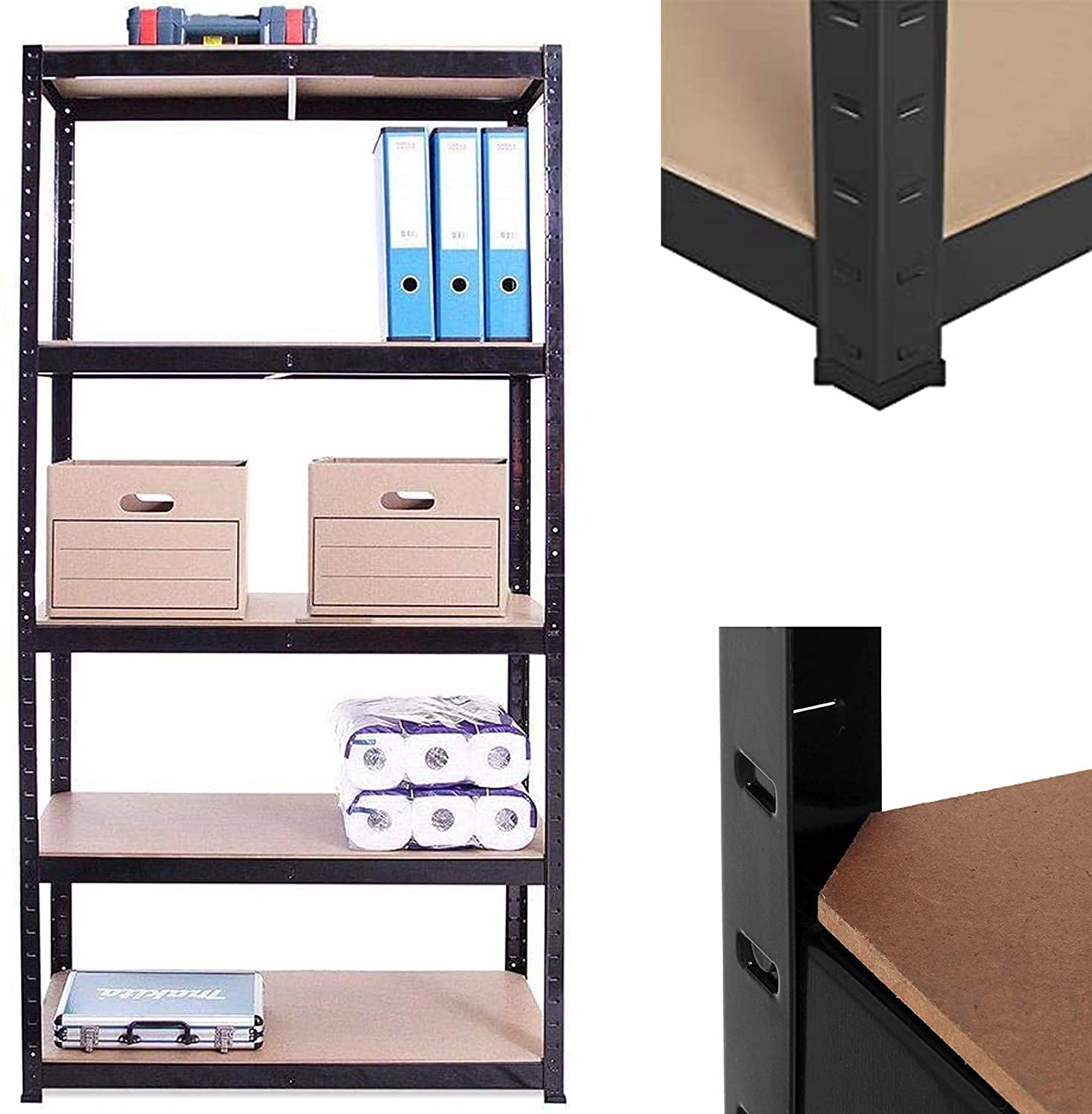 5-Tier Heavy Duty Boltless Metal Shelving Unit - 150x70x30cm Freestanding Storage Rack for Garage, Warehouse & Home Organization - Adjustable Steel Shelves in Black | Perfect for Storing Tools, Boxes & Household Items