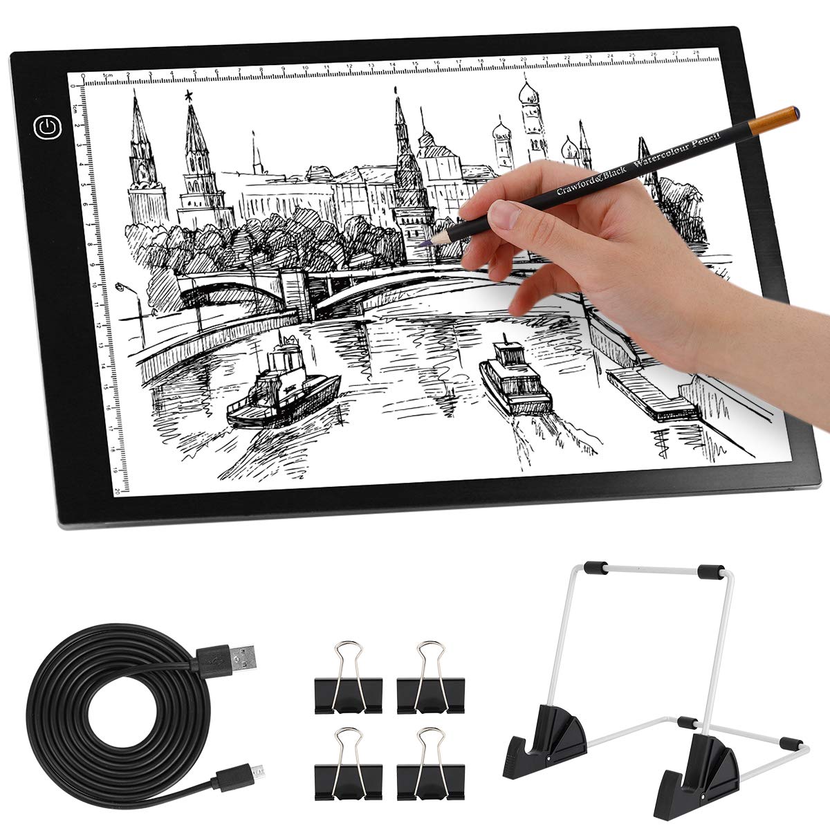 HGFLMR A4 LED Light Box for Tracing, Portable LED Light Pad with Dimmable Brightness - Reusable A4 Light Board for Artists, Drawing, Sketching, Tattoo Stencils, Calligraphy & DIY Crafts (Includes Detachable Stand & Clips) - Perfect for Art Projects, Animation, Handmade Greeting Cards & Sewing Patterns