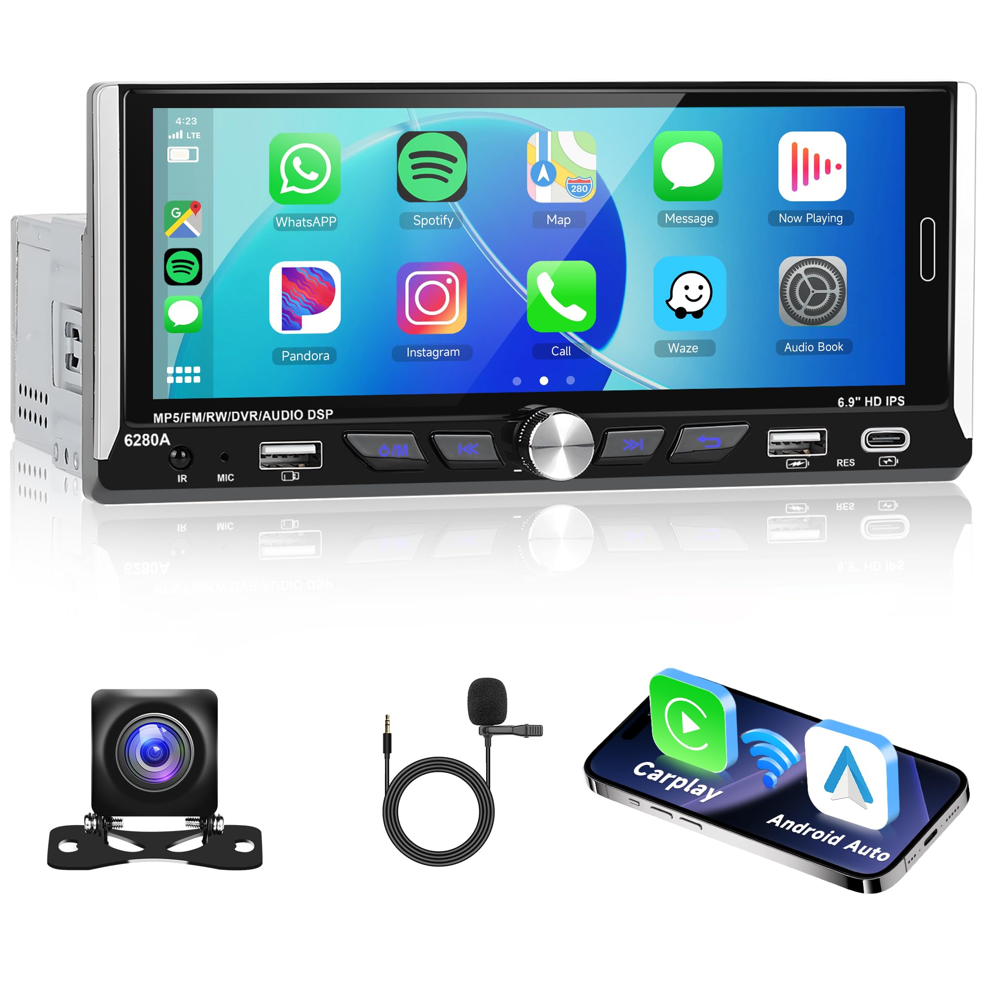 2G RAM 64G ROM Android Single Din Car Stereo with Wireless CarPlay & Android Auto - 6.9