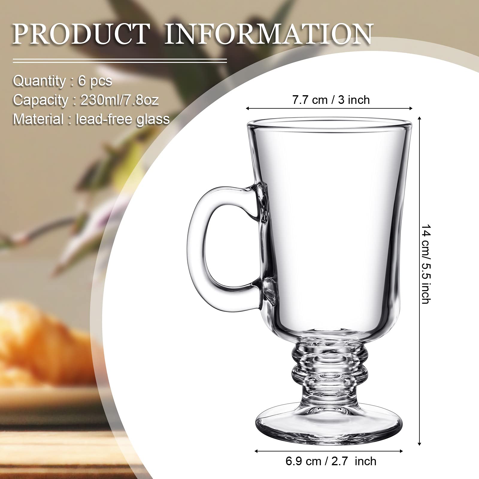 6-Piece Set of 8oz Irish Coffee Mugs - Clear Glass Cups with Handle & High Base - Perfect for Hot & Cold Beverages - Ideal for Coffee, Tea, Latte, and Cocktails at Home or Café