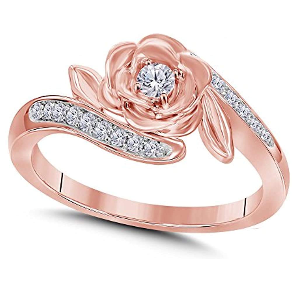 14K Rose Gold Plated 925 Sterling Silver Round Cut White Diamond Rose Flower Ring for Women - Perfect for Engagement, Wedding & Anniversary Gifts