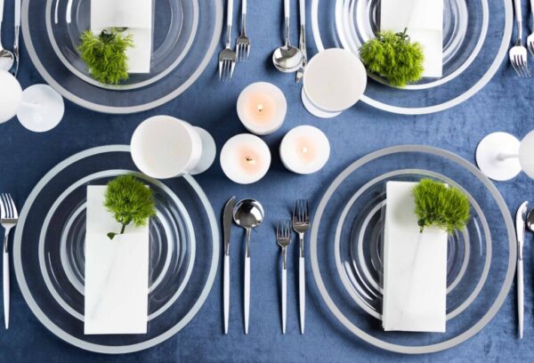 32-Piece Clear & Silver Rim Plastic Dinnerware Set - Shatterproof Disposable Plates, Bowls, Cups & Cutlery for 16 Guests - Elegant Party, Wedding, Picnic & Outdoor Dining Essentials