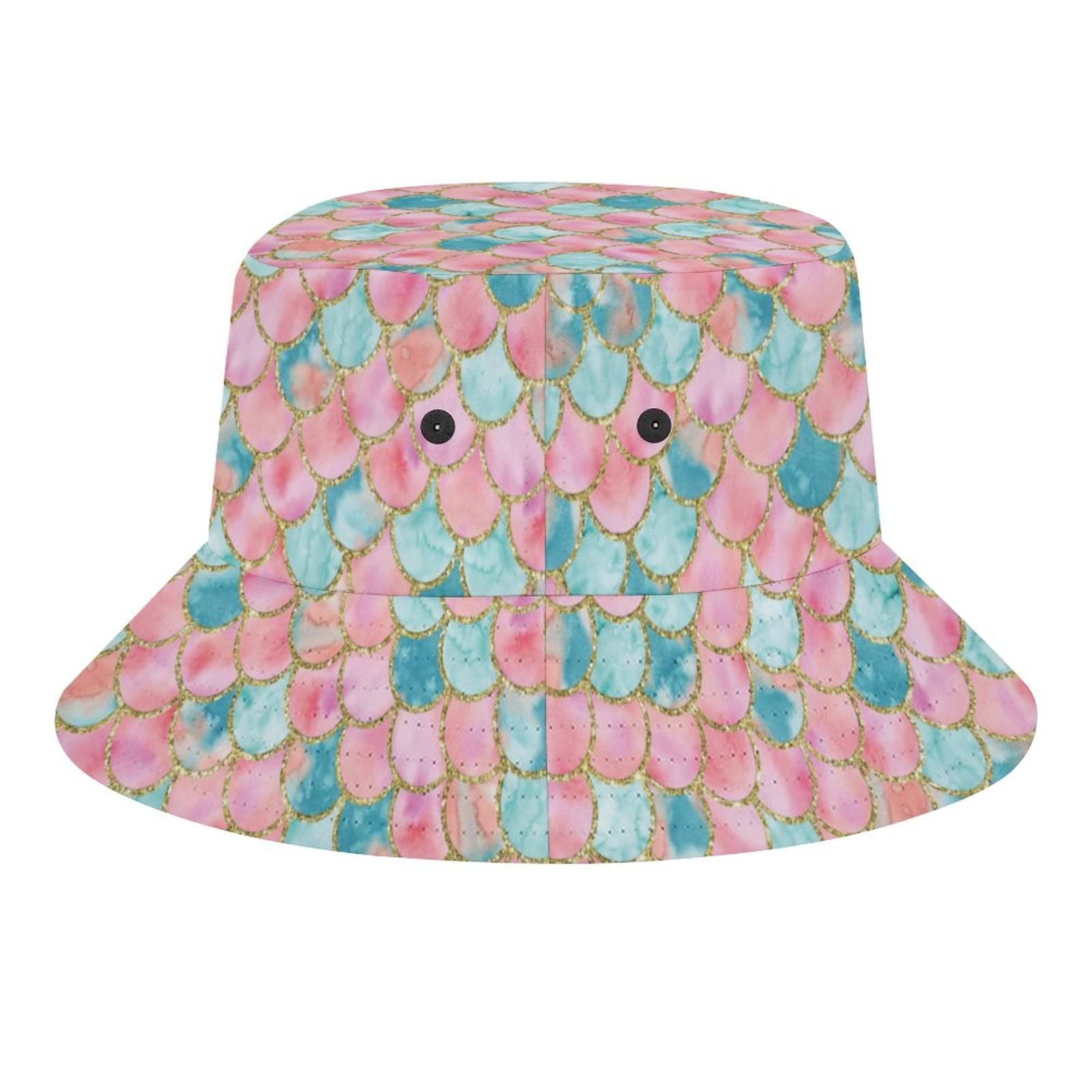 Watercolor Mermaid Scales Glitter Bucket Hat - UV Protection Unisex Summer Beach Hat for Women & Men - Perfect for Outdoor Travel, Fishing, and Festival Fashion